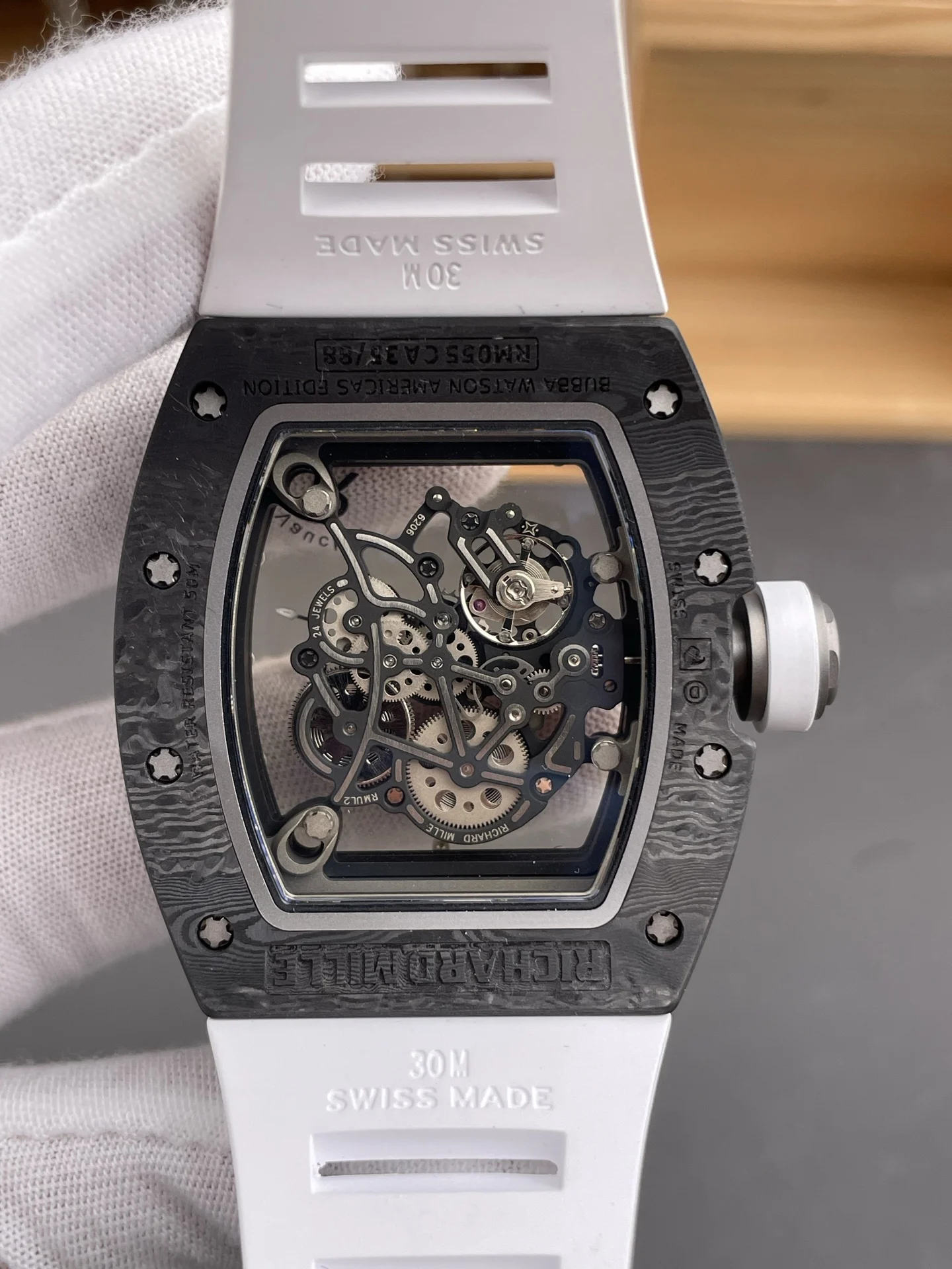 Richard Mille RM Carbon Black Dial RM 055 49.9 × 42.7mm — photographed off the sweep