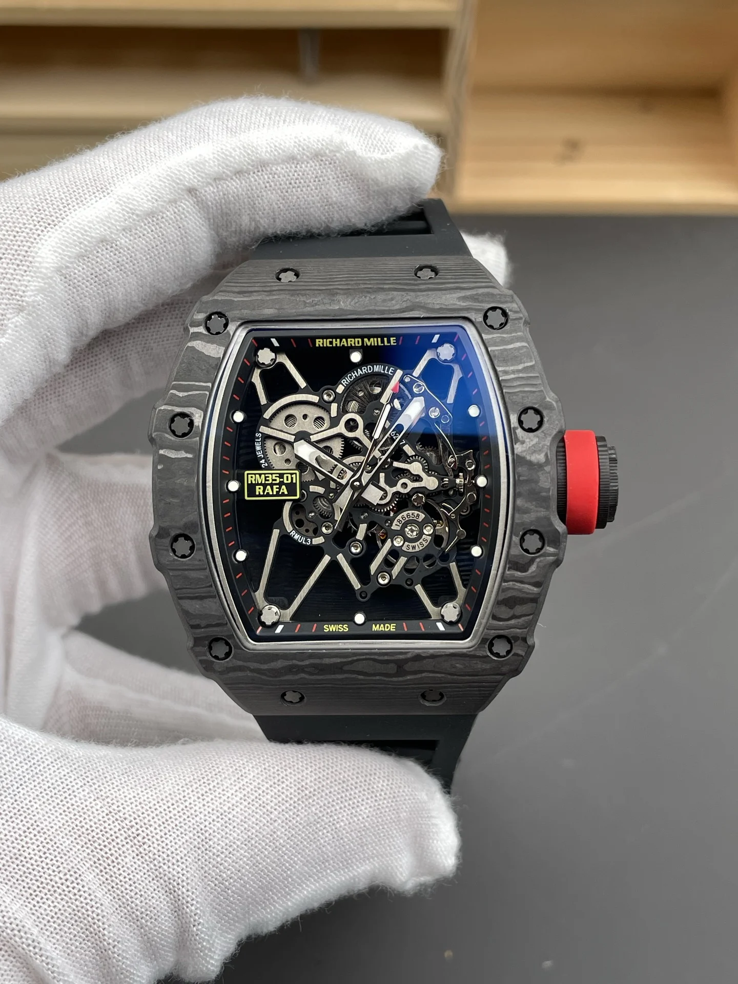 Richard Mille RM Carbon Black Dial RM 35-01 51 × 42mm — photographed off the sweep