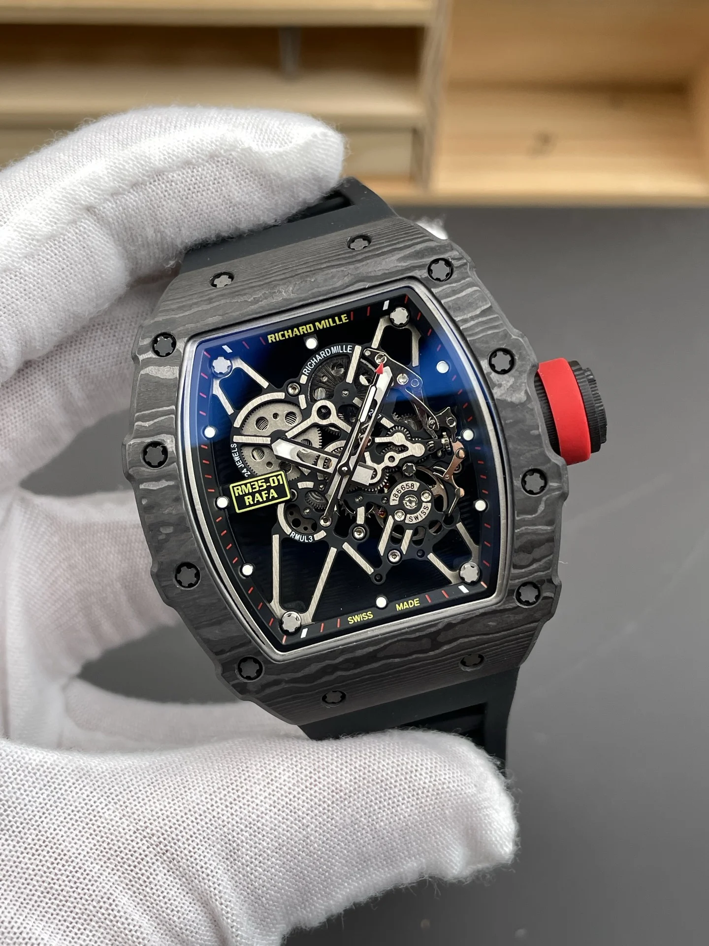 Richard Mille RM Carbon Black Dial RM 35-01 51 × 42mm — photographed off the sweep