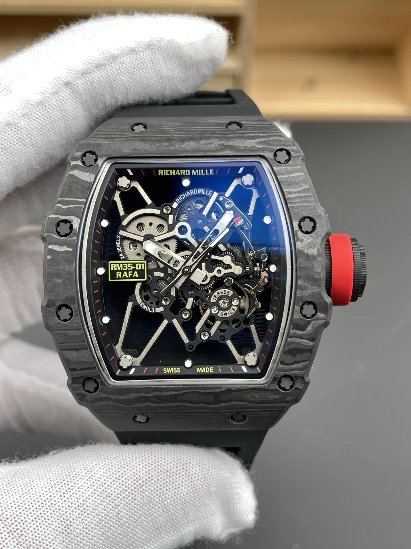 Richard Mille RM Carbon Black Dial RM 35-01 51 × 42mm — photographed off the sweep