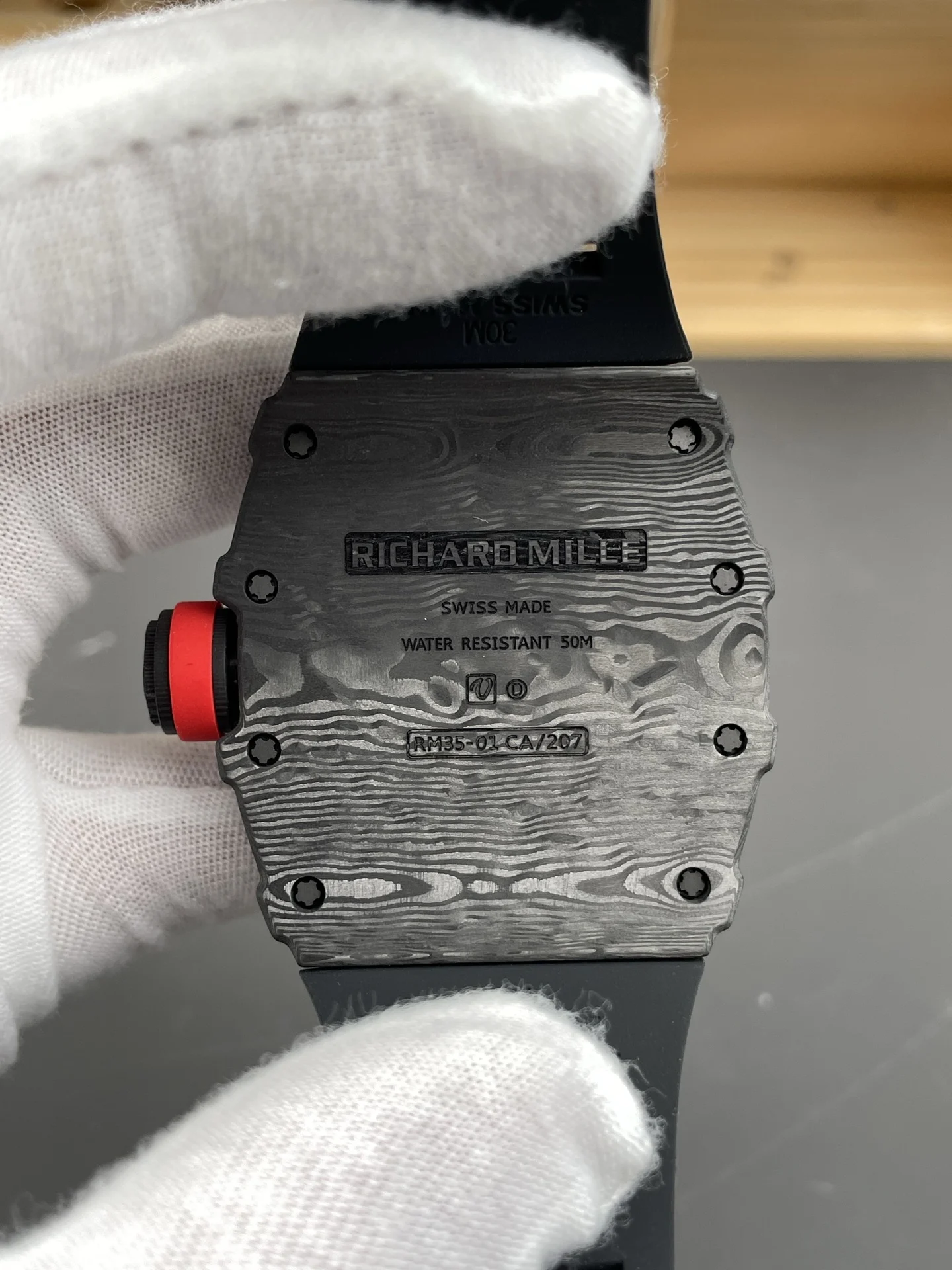 Richard Mille RM Carbon Black Dial RM 35-01 51 × 42mm — photographed off the sweep