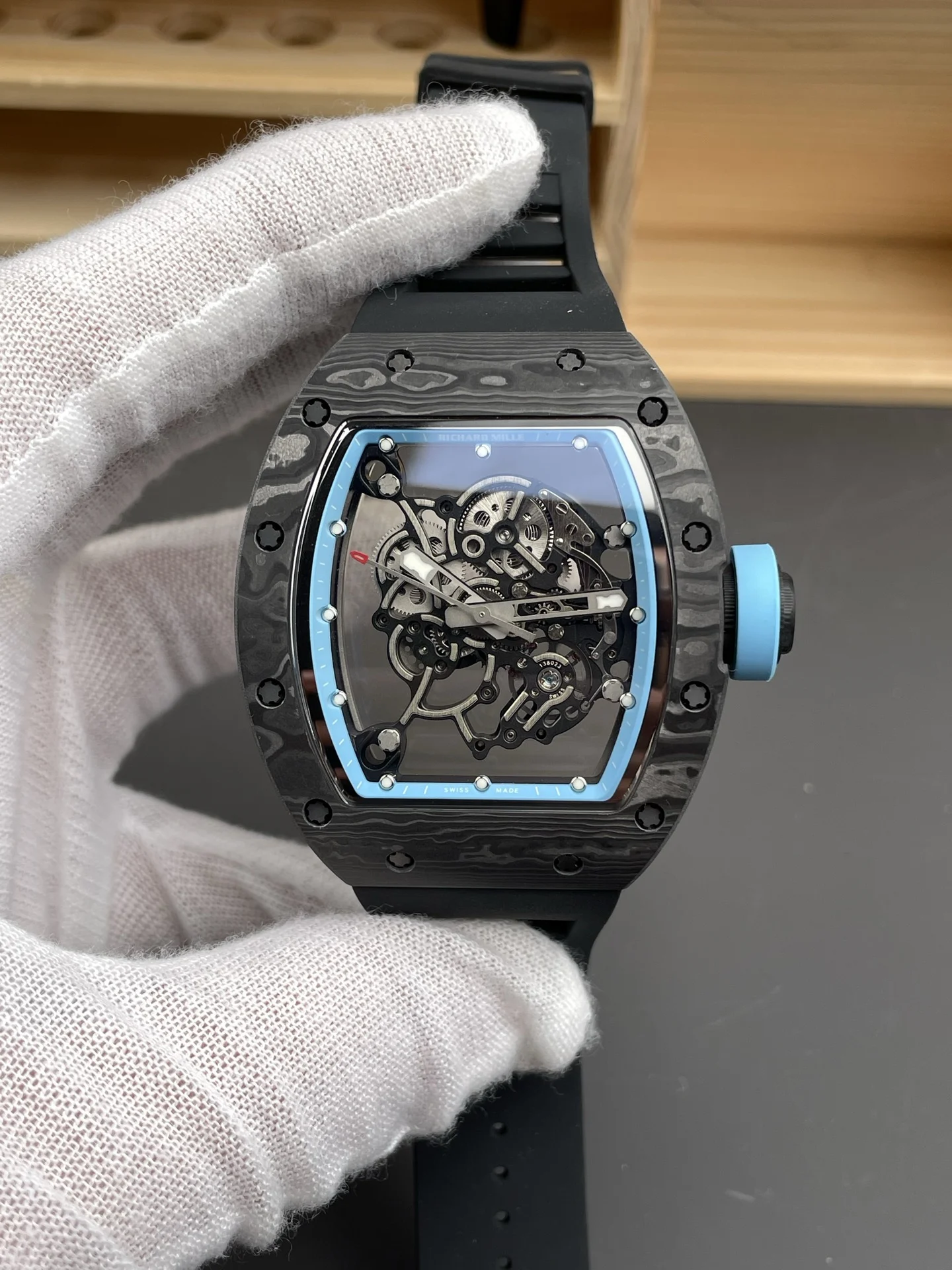 Richard Mille RM Carbon Blue Dial RM 055 — photographed off the sweep