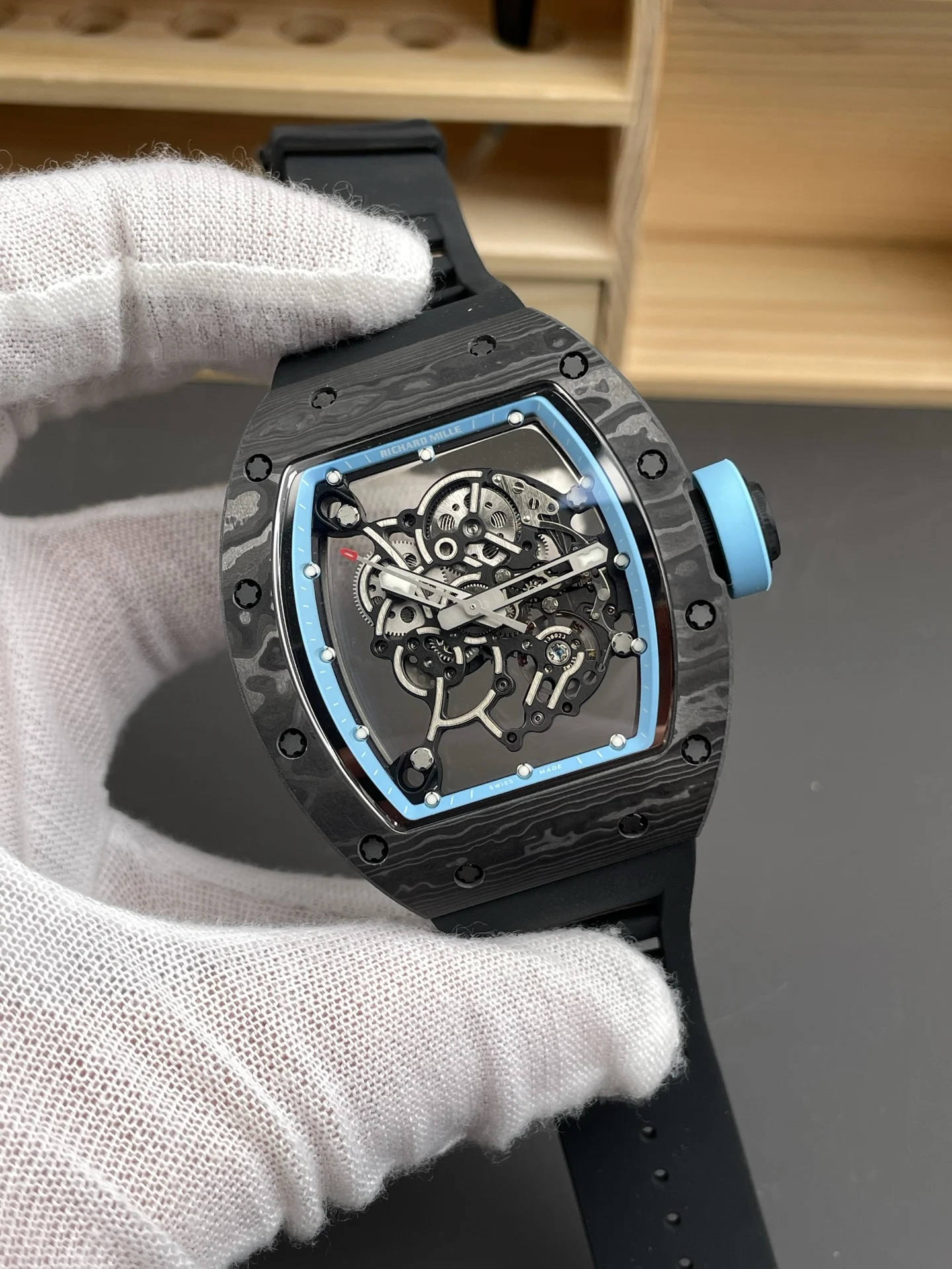 Richard Mille RM Carbon Blue Dial RM 055 — photographed off the sweep