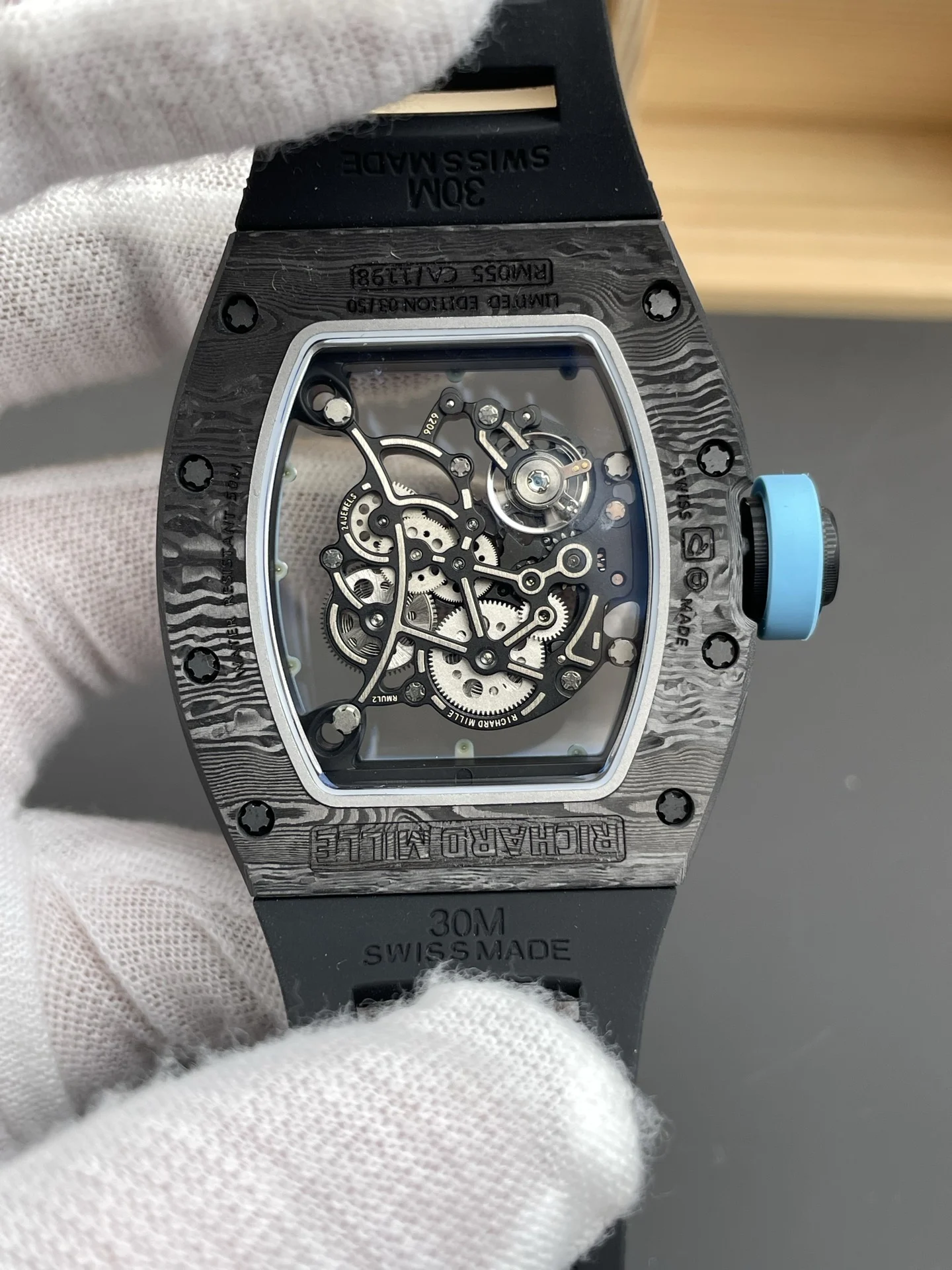 Richard Mille RM Carbon Blue Dial RM 055 — photographed off the sweep