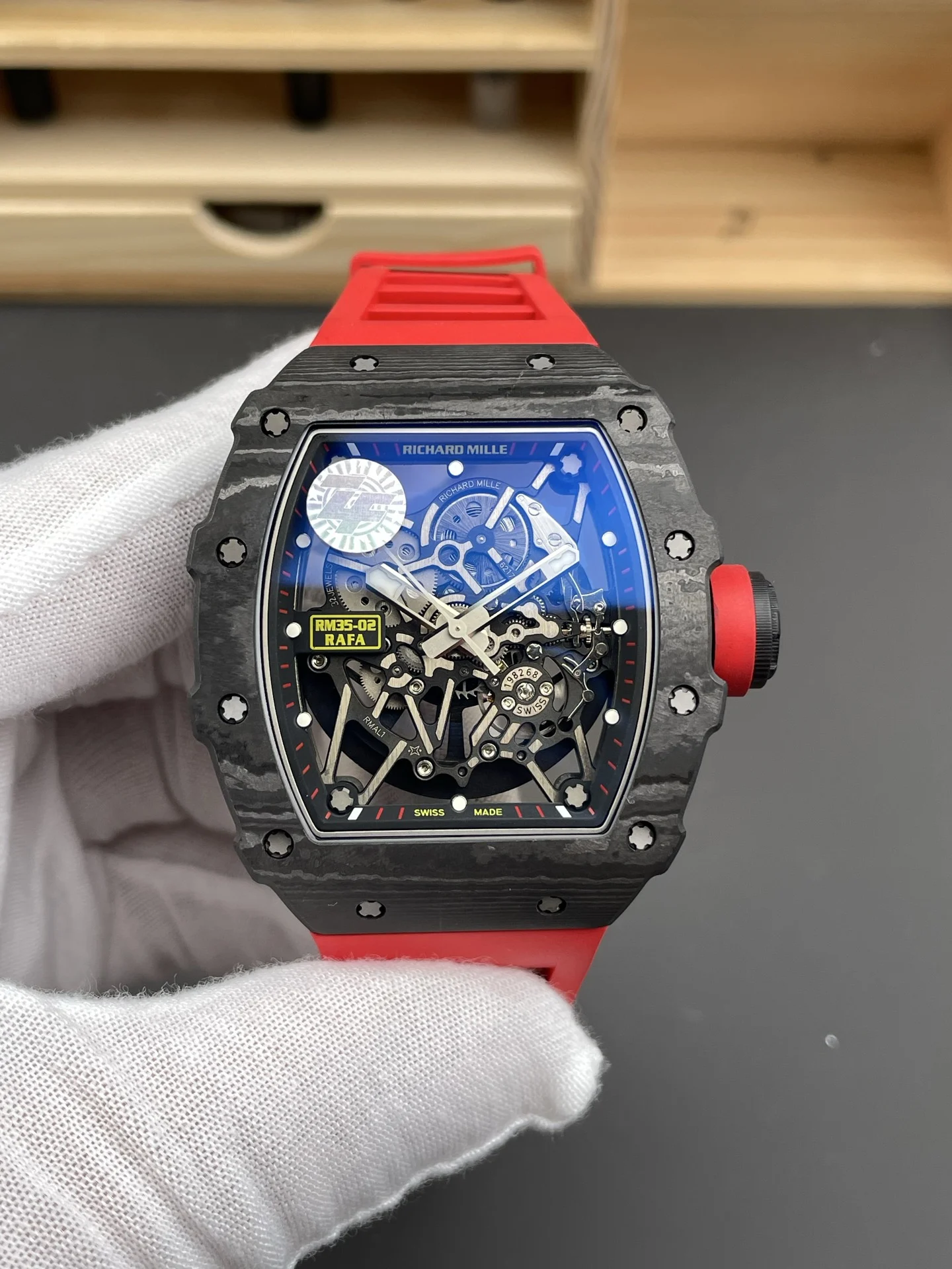 Richard Mille RM Carbon Red Dial RM 35-02 49.94 × 44.5mm — photographed off the sweep