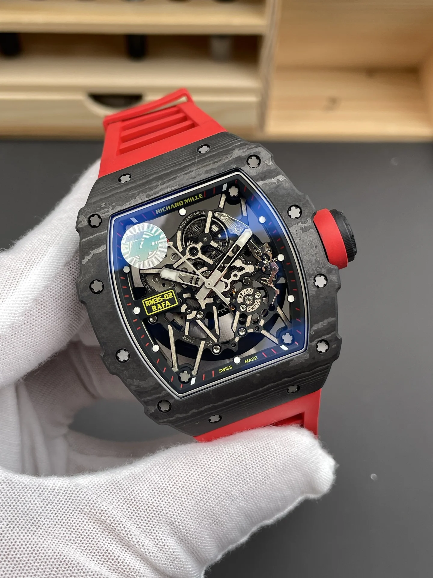 Richard Mille RM Carbon Red Dial RM 35-02 49.94 × 44.5mm — photographed off the sweep