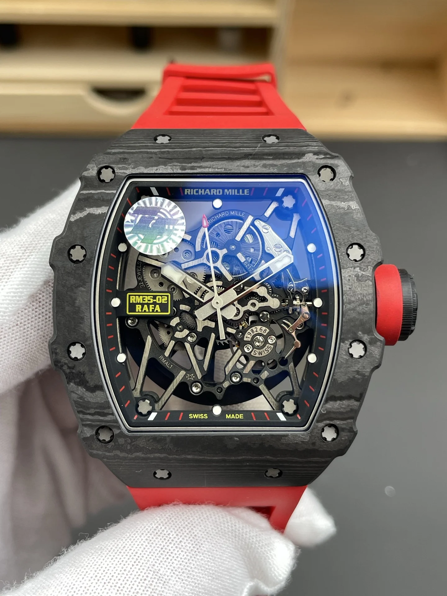 Richard Mille RM Carbon Red Dial RM 35-02 49.94 × 44.5mm — photographed off the sweep