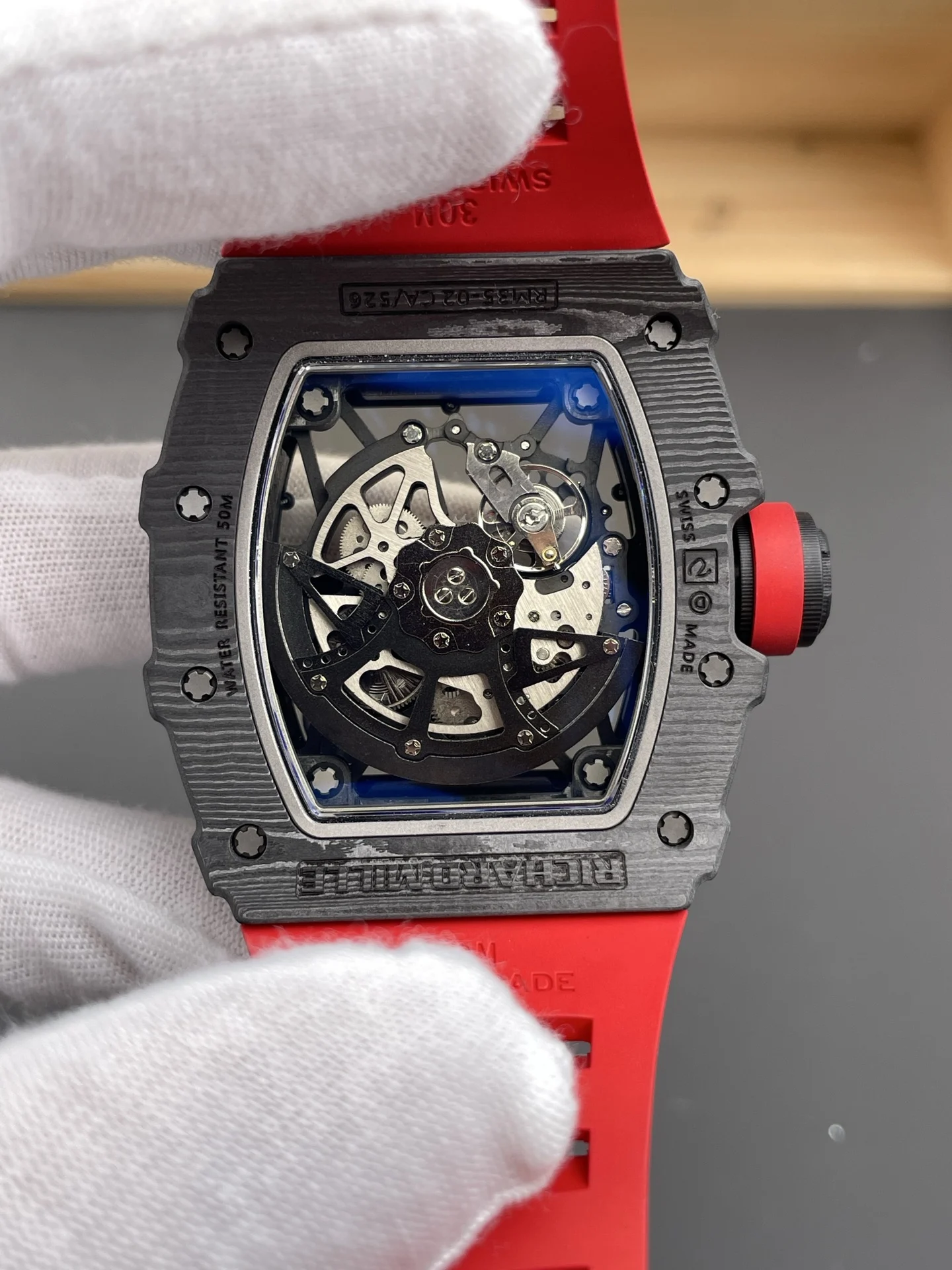 Richard Mille RM Carbon Red Dial RM 35-02 49.94 × 44.5mm — photographed off the sweep