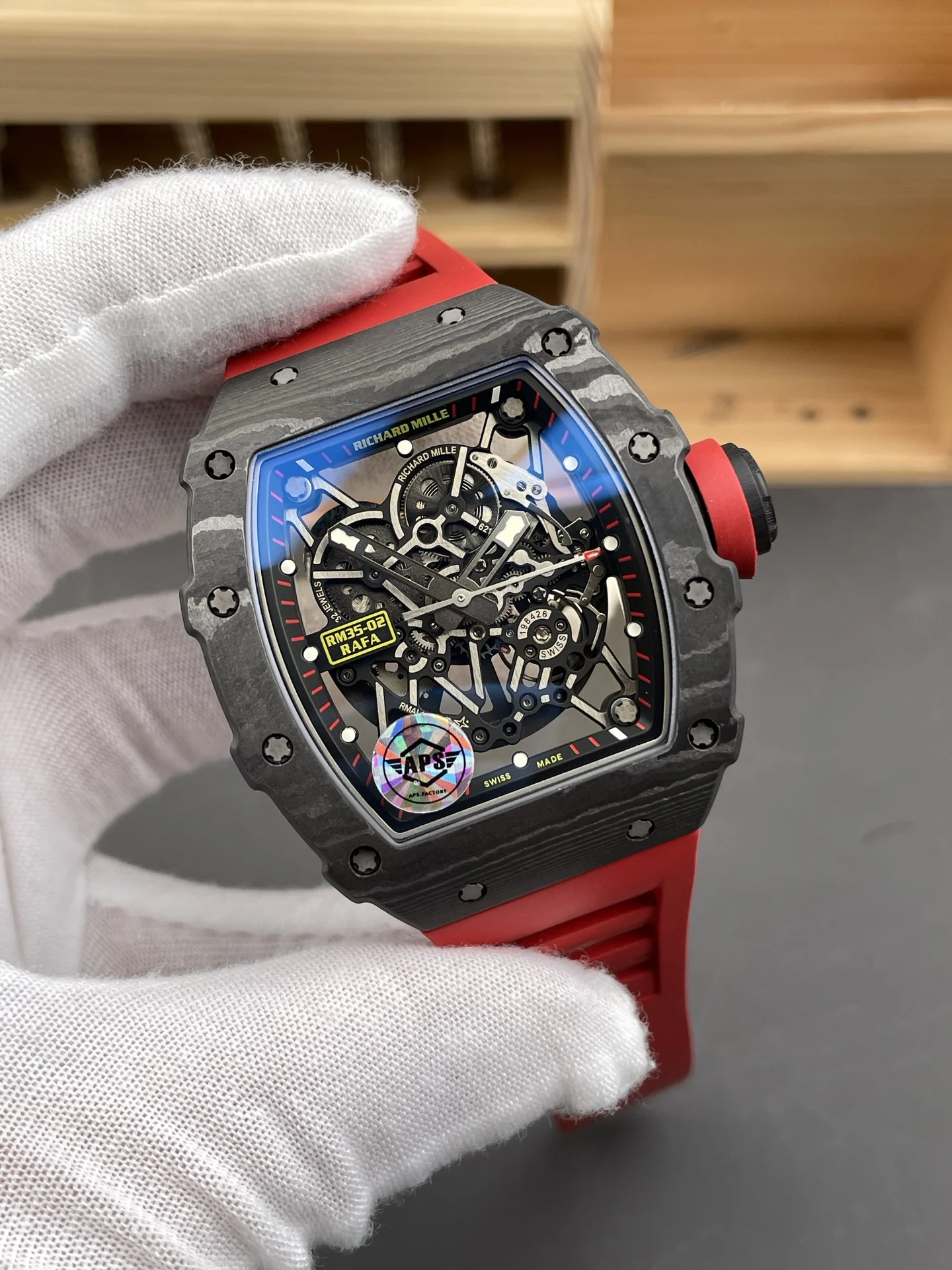 Richard Mille RM Carbon Red Dial RM 35-02 49.94 × 44.5mm — photographed off the sweep