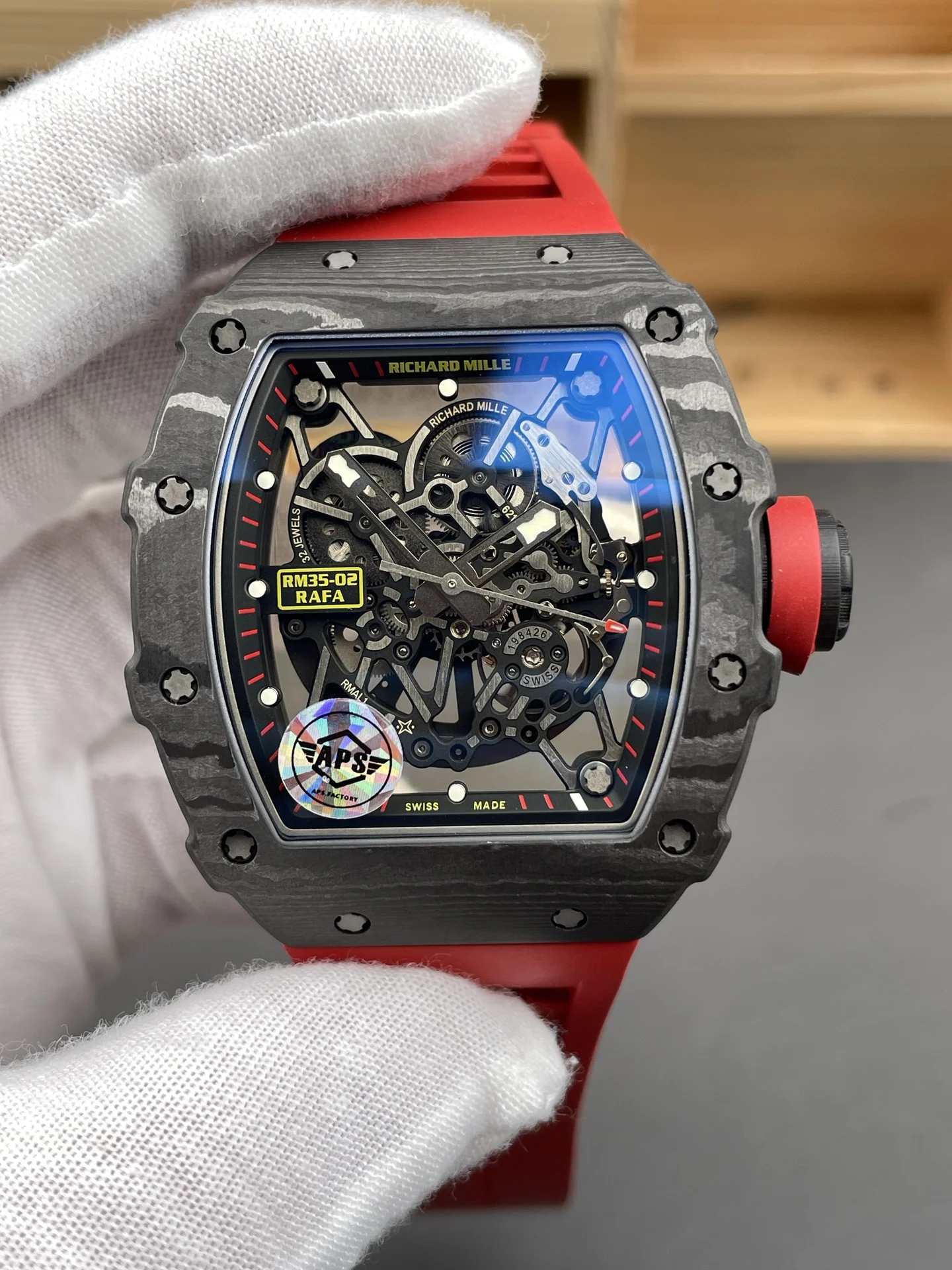 Richard Mille RM Carbon Red Dial RM 35-02 49.94 × 44.5mm — photographed off the sweep