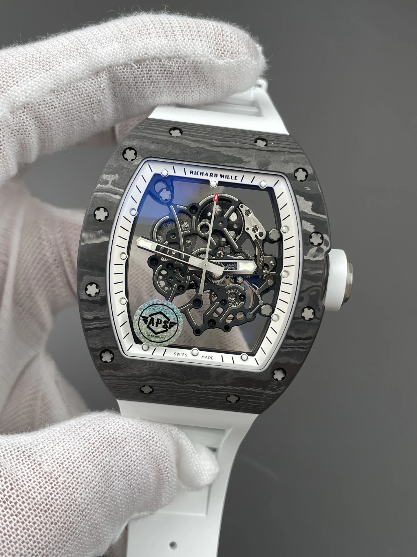 Richard Mille RM Carbon RM 055 49.9 × 42.07mm — photographed off the sweep