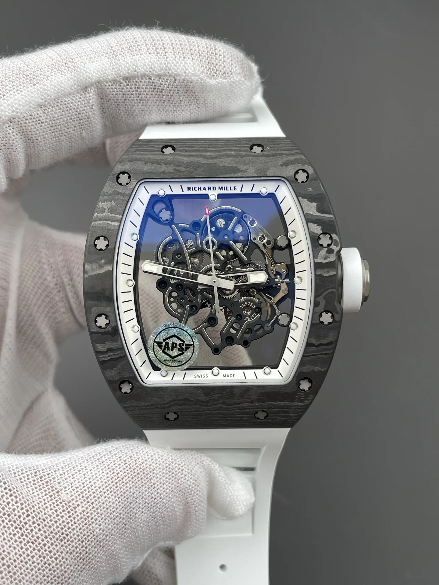 Richard Mille RM Carbon RM 055 49.9 × 42.07mm — photographed off the sweep