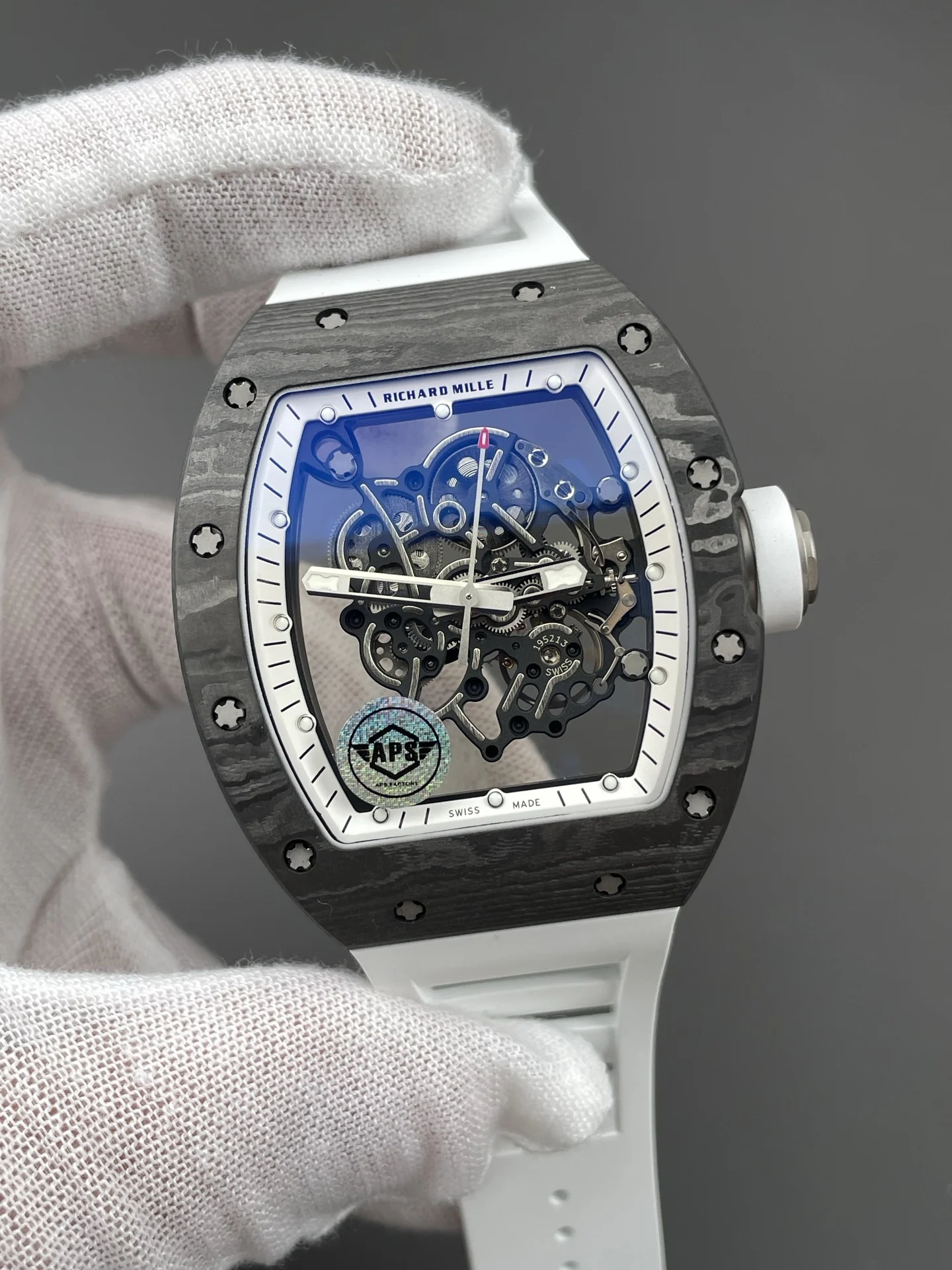 Richard Mille RM Carbon RM 055 49.9 × 42.07mm — photographed off the sweep