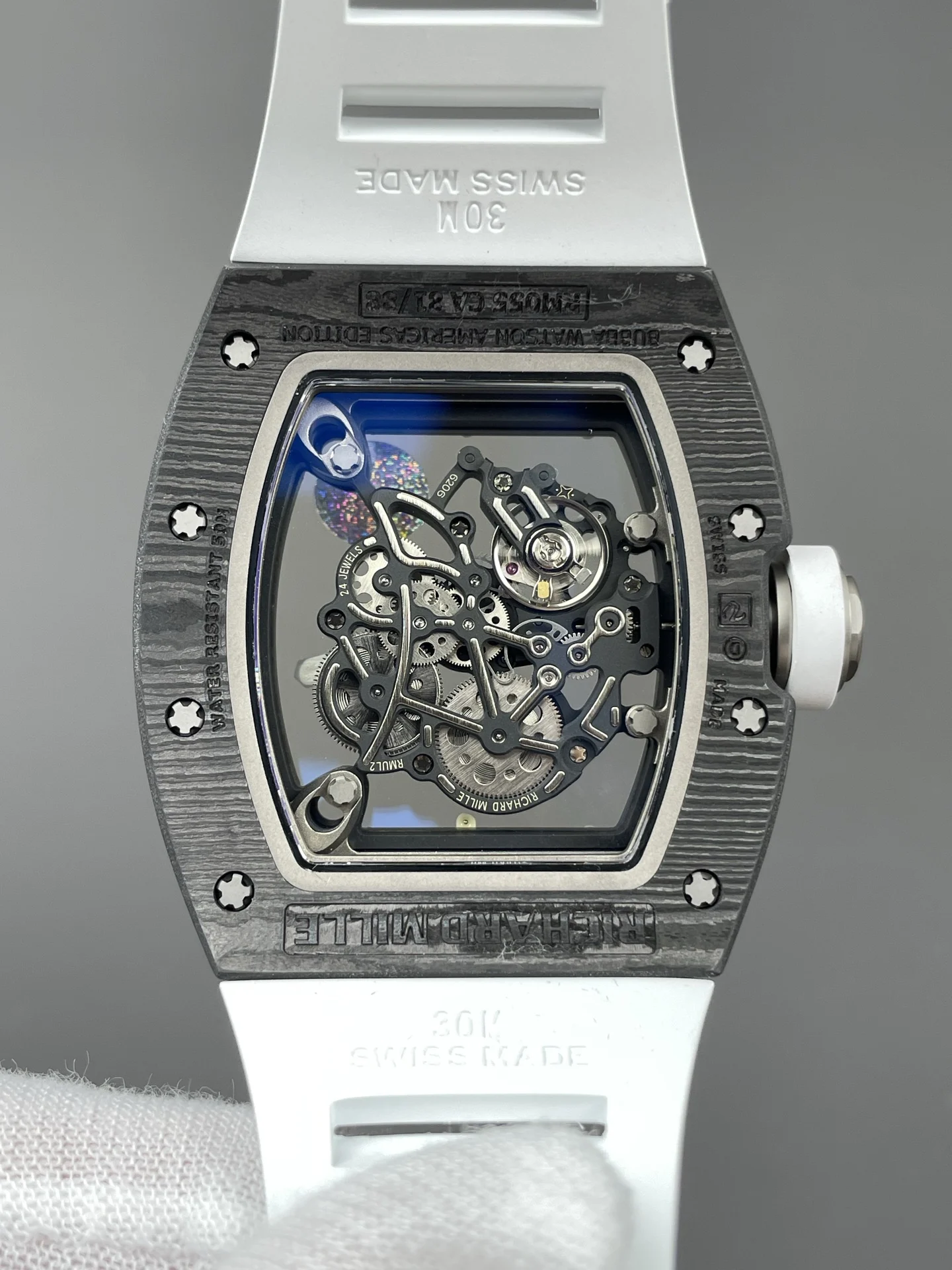 Richard Mille RM Carbon RM 055 49.9 × 42.07mm — photographed off the sweep