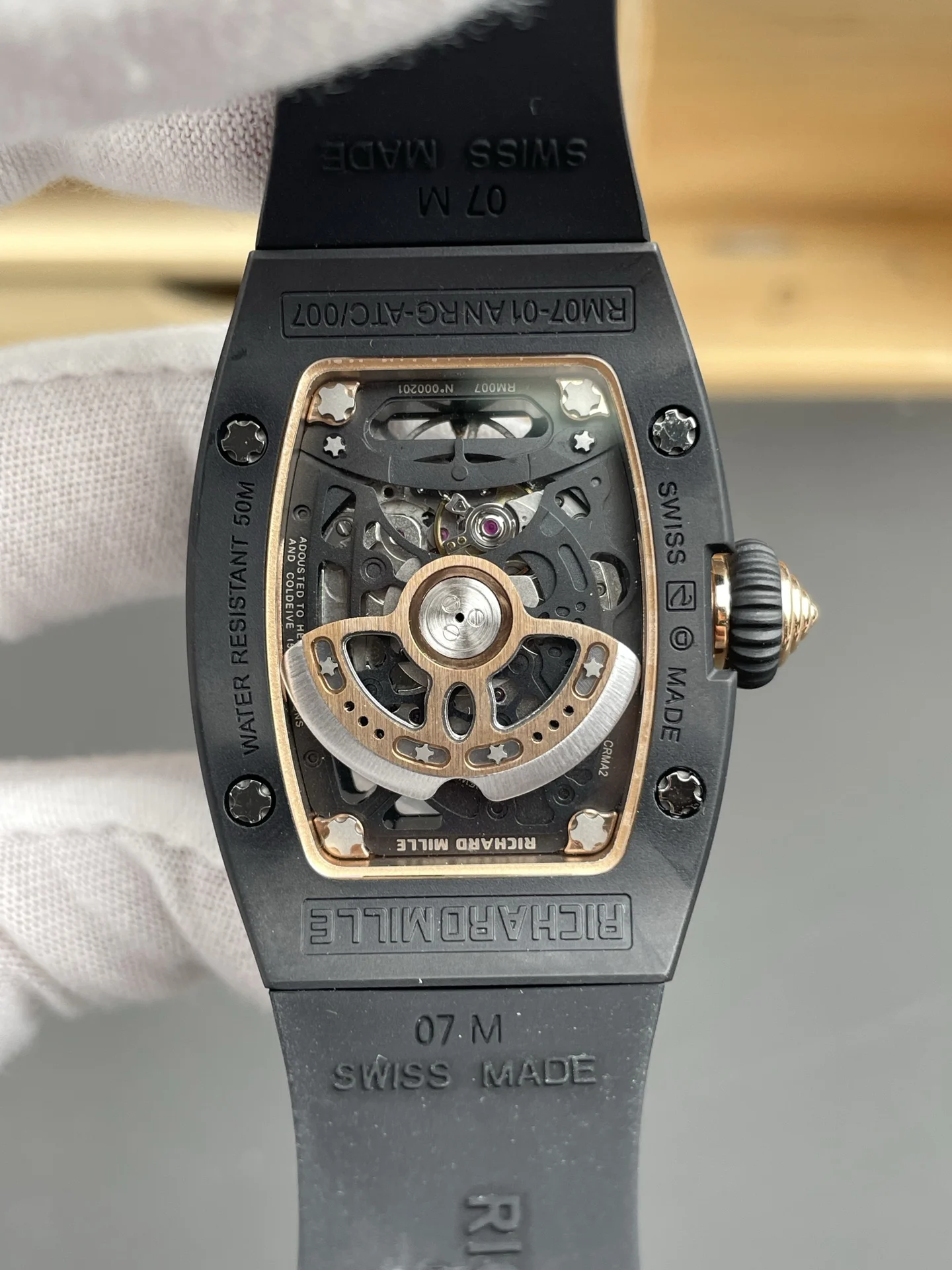 Richard Mille RM Ceramic Black Dial RM 07-01 — photographed off the sweep
