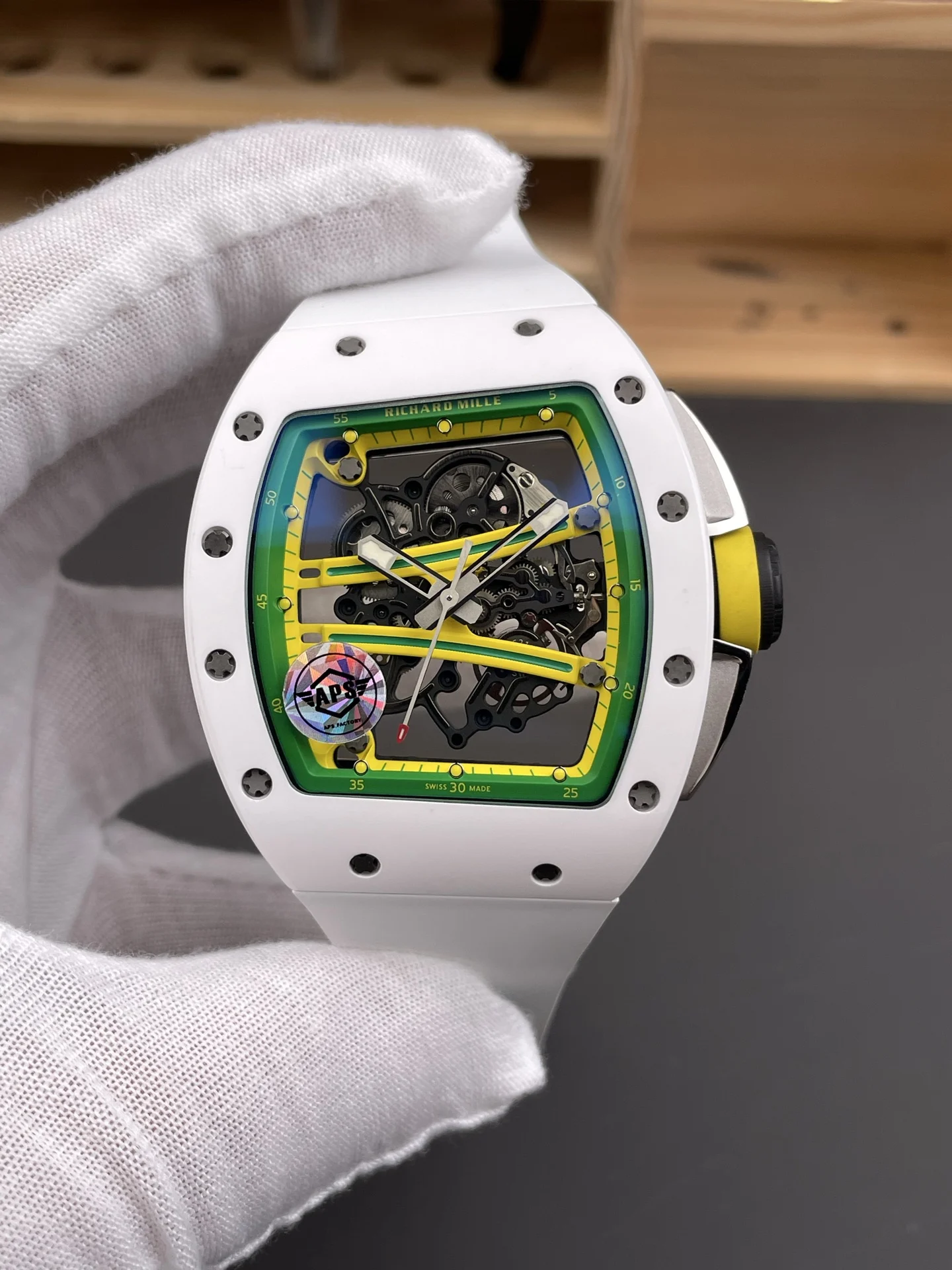 Richard Mille RM Ceramic Green Dial RM 61-01 51 × 42mm — photographed off the sweep