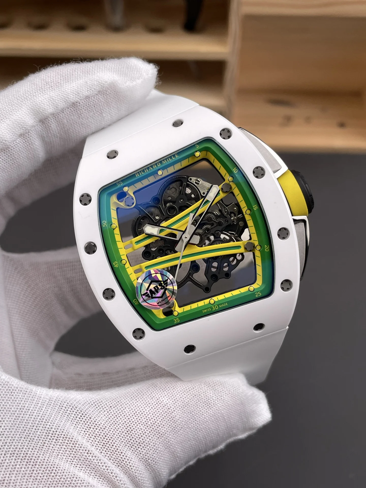 Richard Mille RM Ceramic Green Dial RM 61-01 51 × 42mm — photographed off the sweep