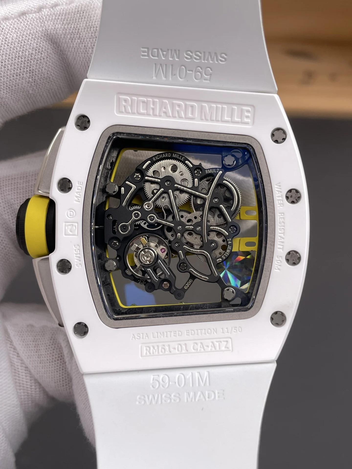 Richard Mille RM Ceramic Green Dial RM 61-01 51 × 42mm — photographed off the sweep