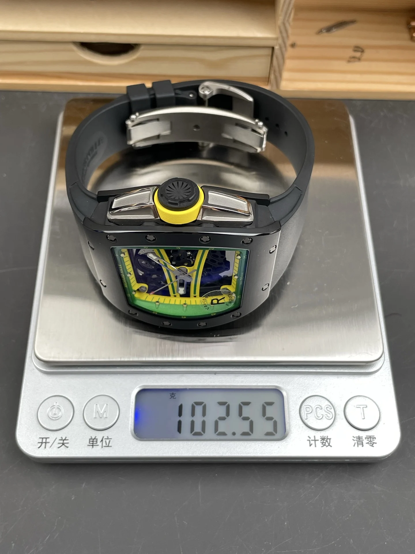 Richard Mille RM Ceramic Green Dial RM 61-01 51 × 42mm — photographed off the sweep