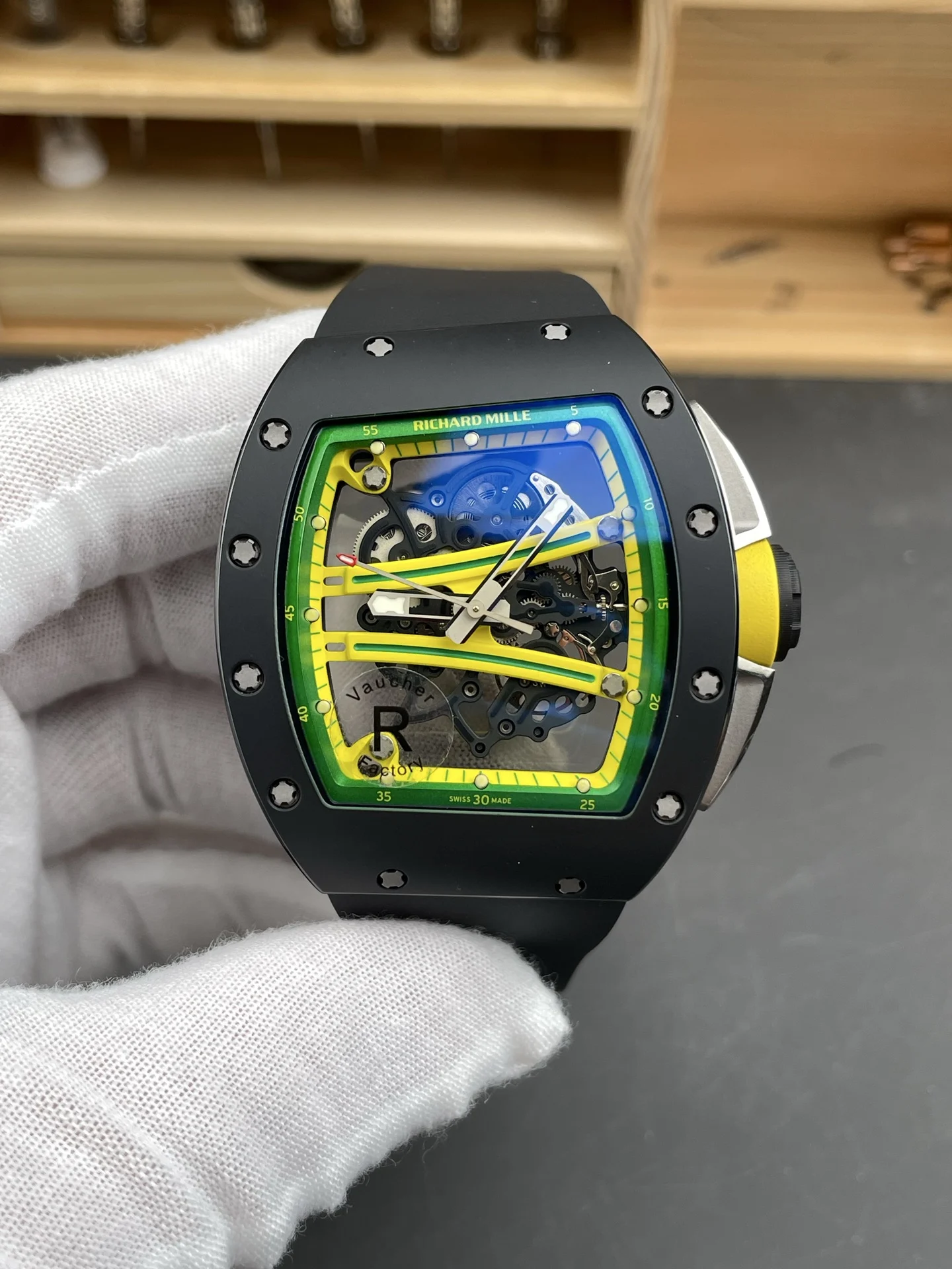 Richard Mille RM Ceramic Green Dial RM 61-01 51 × 42mm — photographed off the sweep