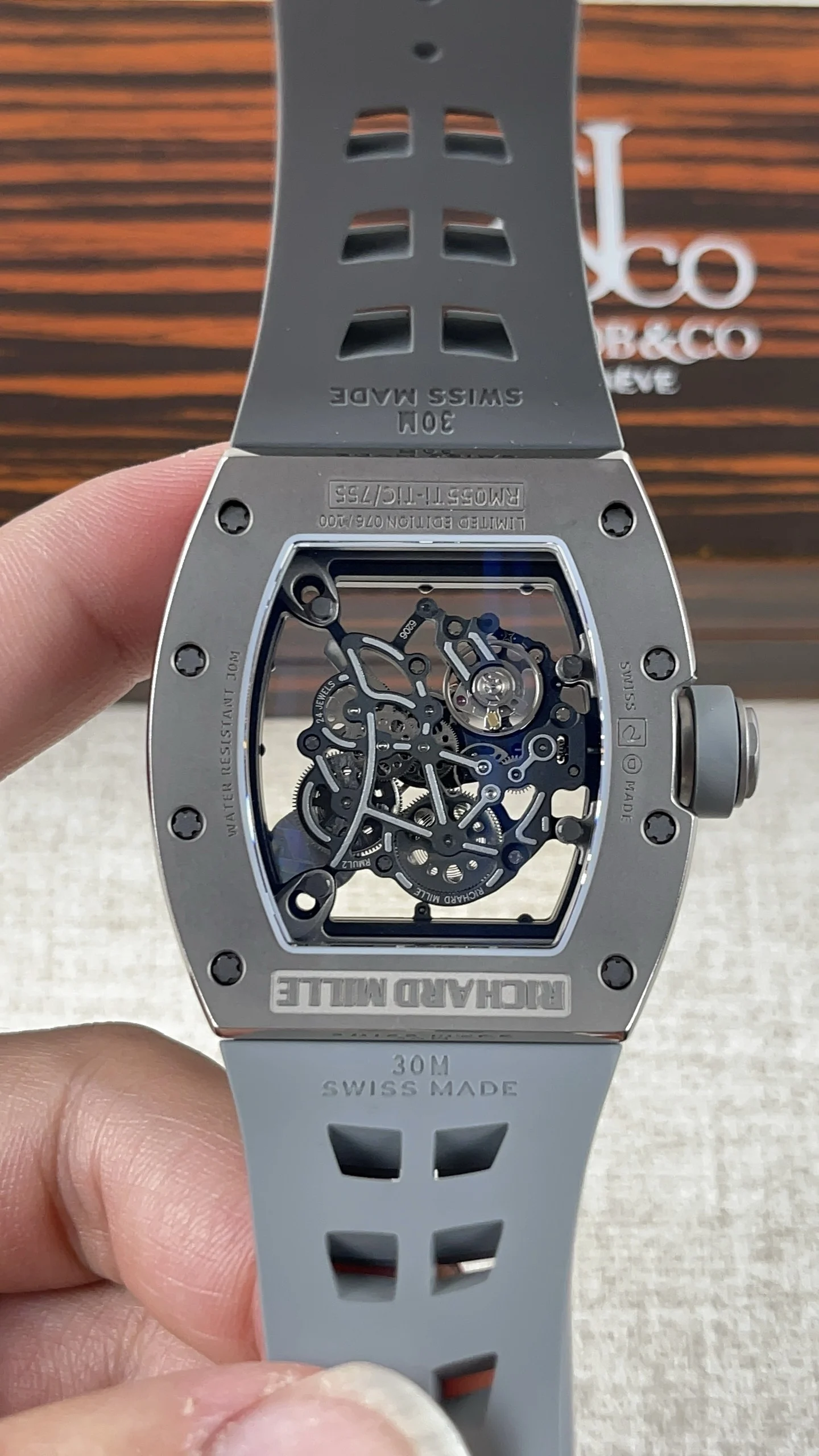 Richard Mille RM Ceramic Grey Dial RM 055 — photographed off the sweep