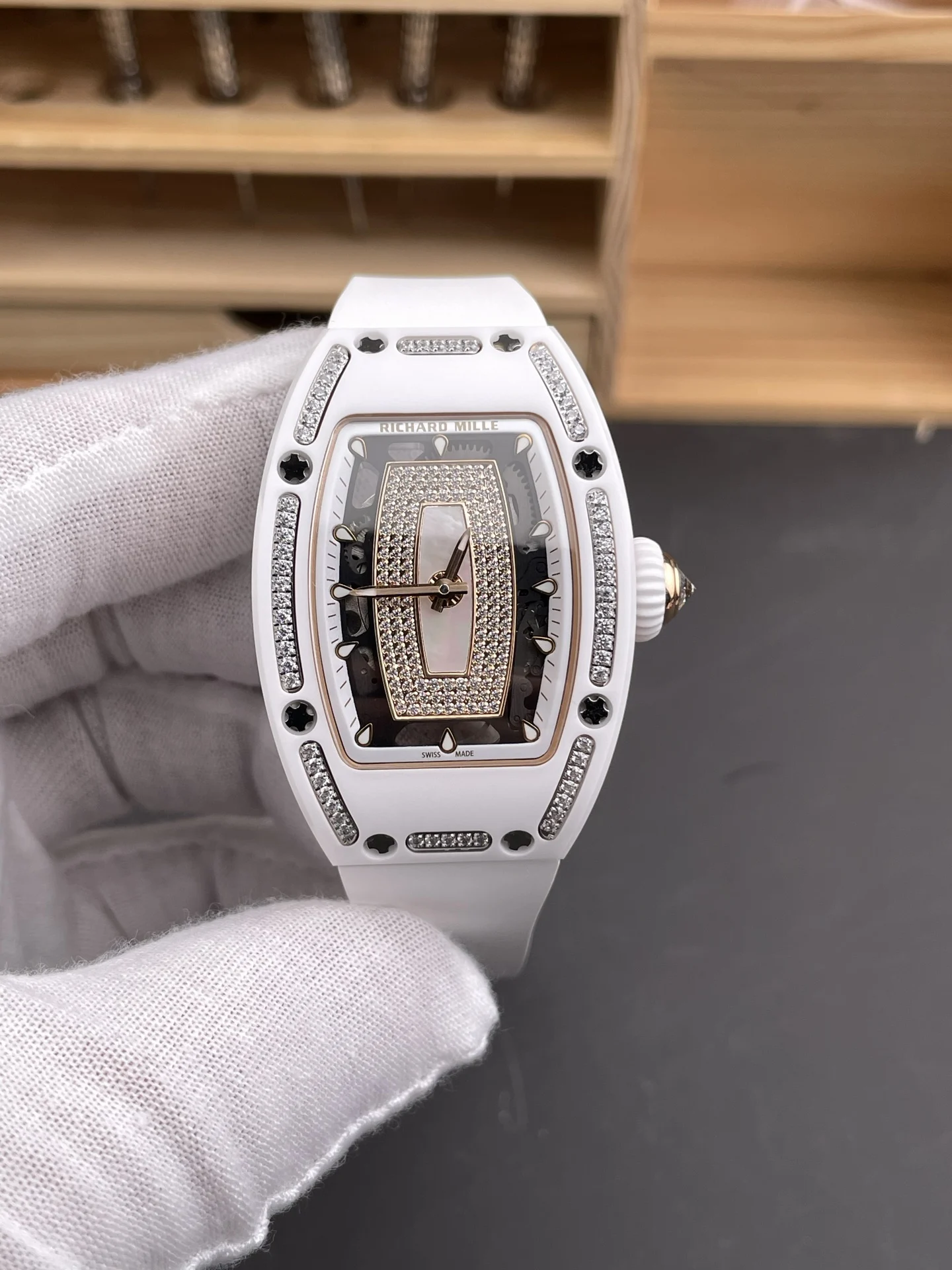 Richard Mille RM Ceramic White Dial Diamond-Set RM 07-01 — photographed off the sweep