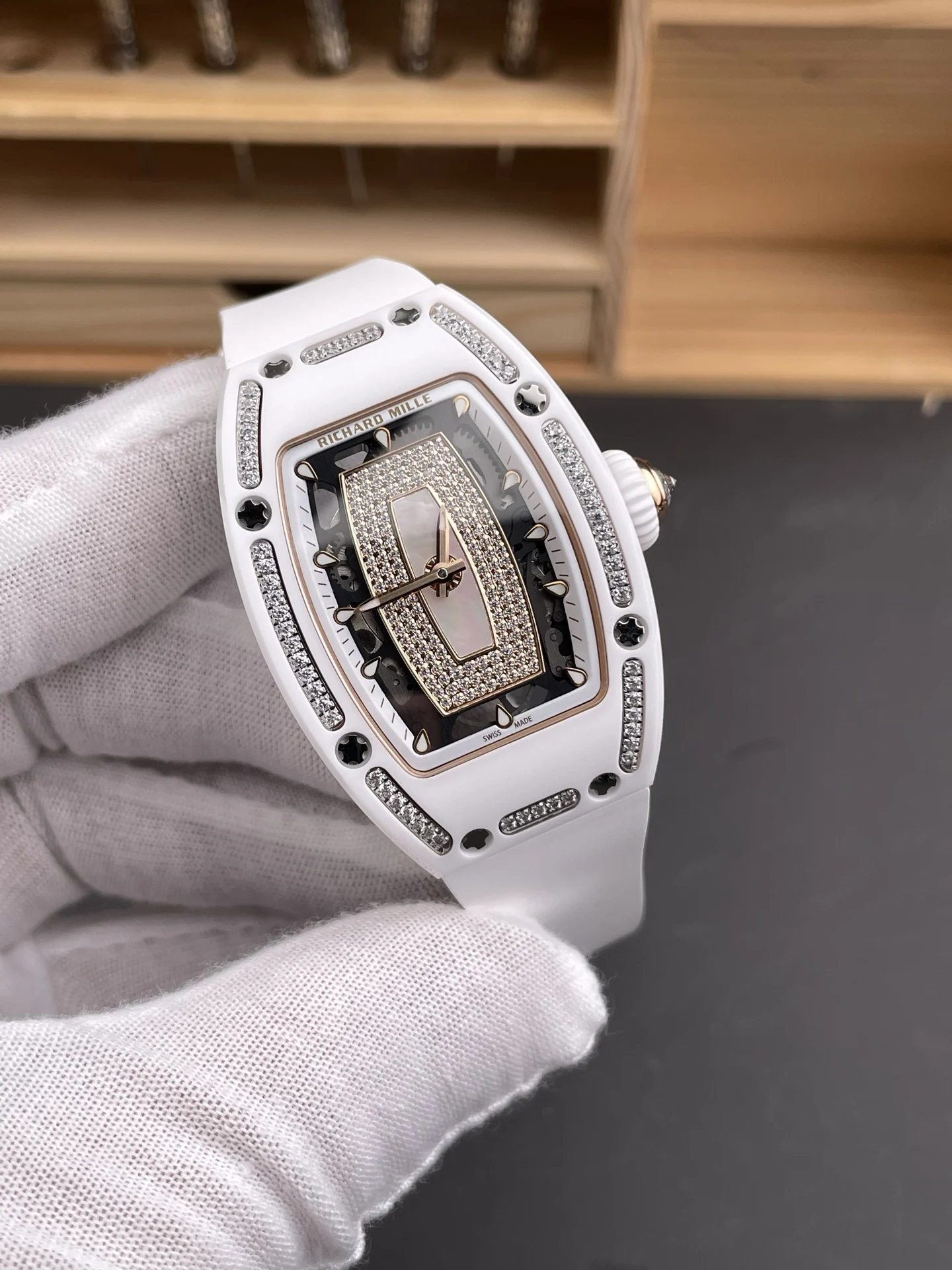 Richard Mille RM Ceramic White Dial Diamond-Set RM 07-01 — photographed off the sweep