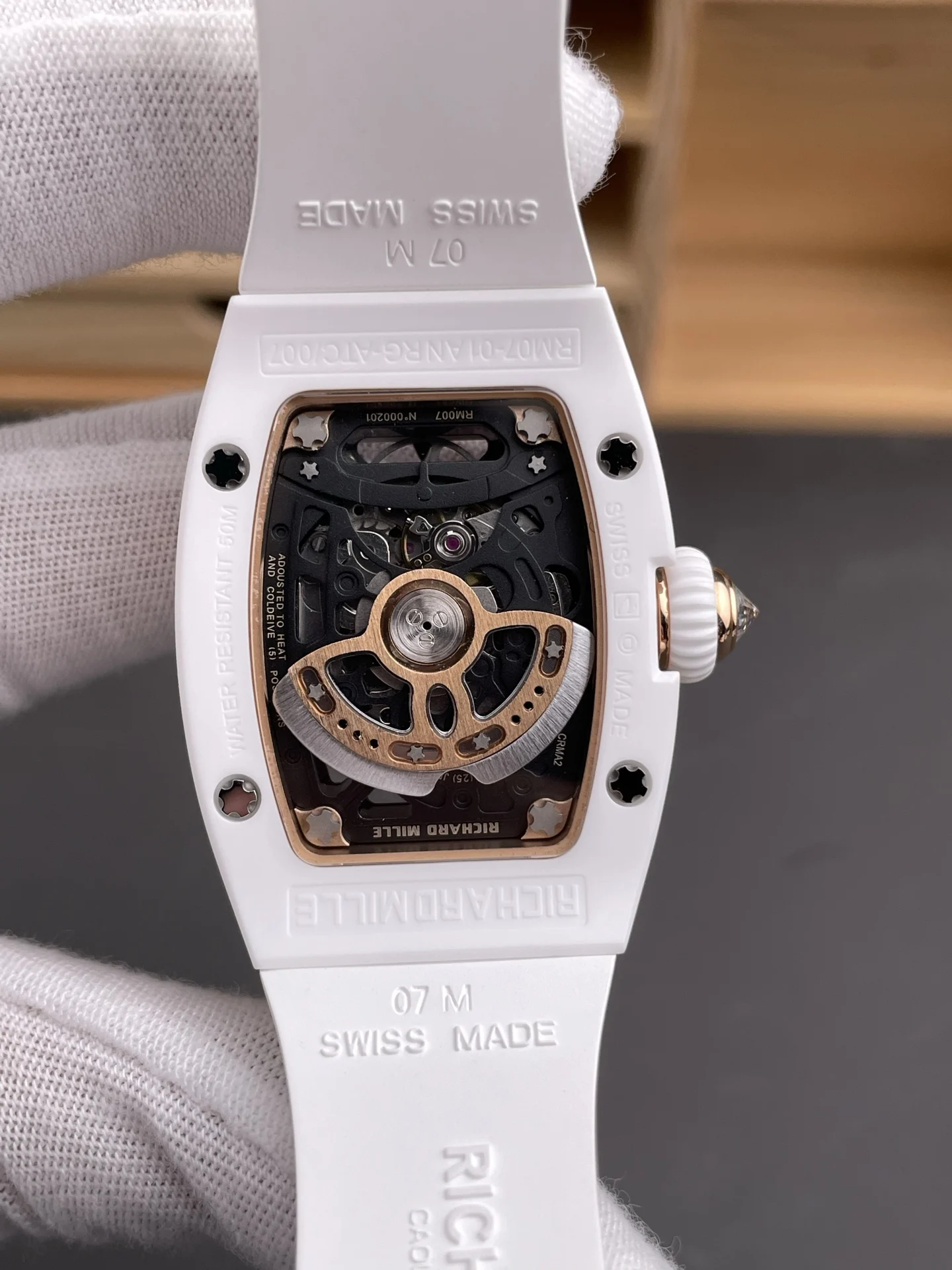 Richard Mille RM Ceramic White Dial Diamond-Set RM 07-01 — photographed off the sweep