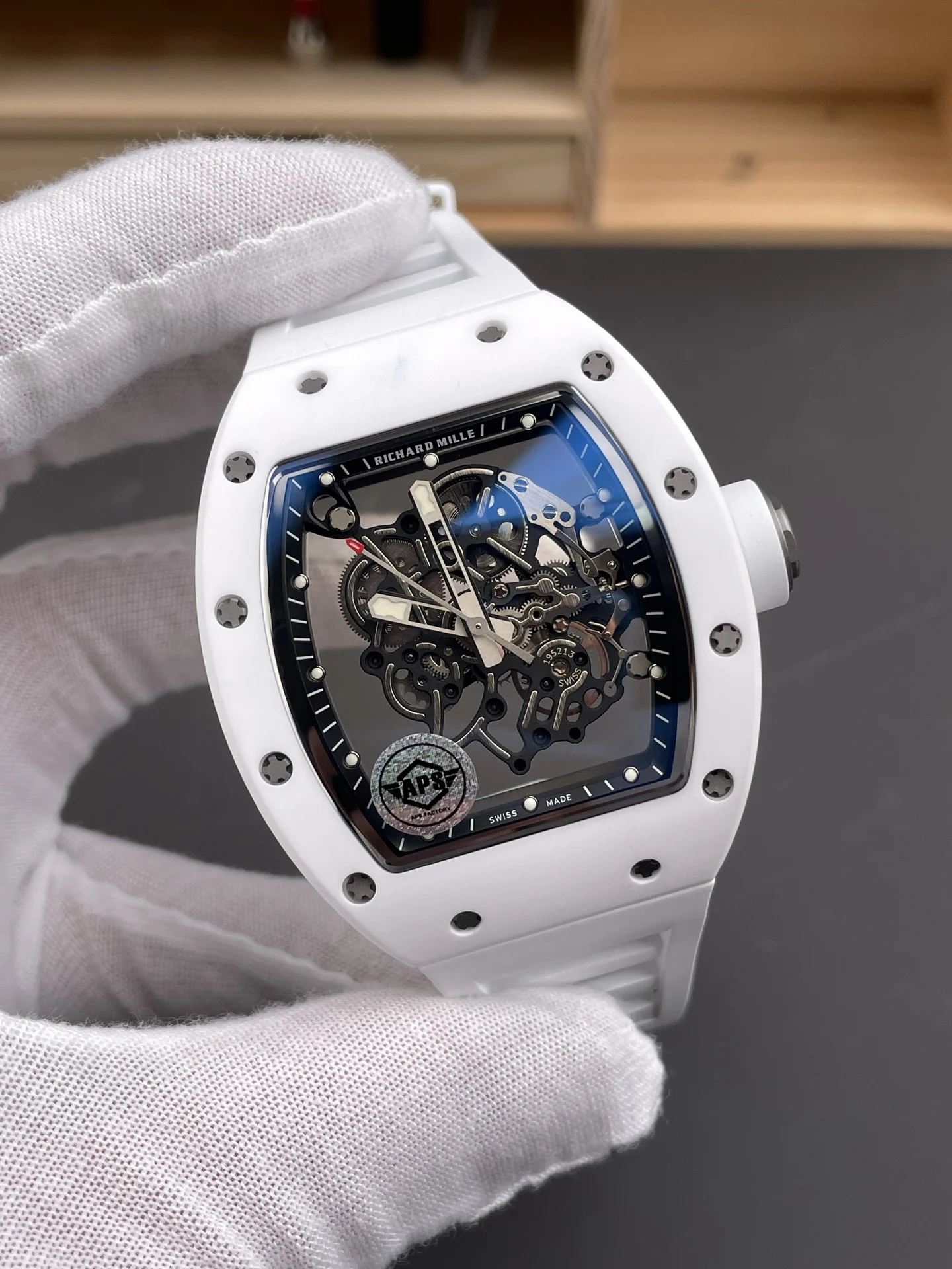 Richard Mille RM Ceramic White Dial RM 055 49.9 × 42.7mm — photographed off the sweep