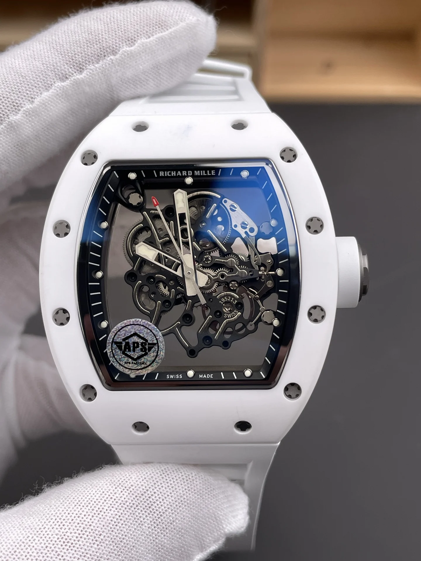 Richard Mille RM Ceramic White Dial RM 055 49.9 × 42.7mm — photographed off the sweep