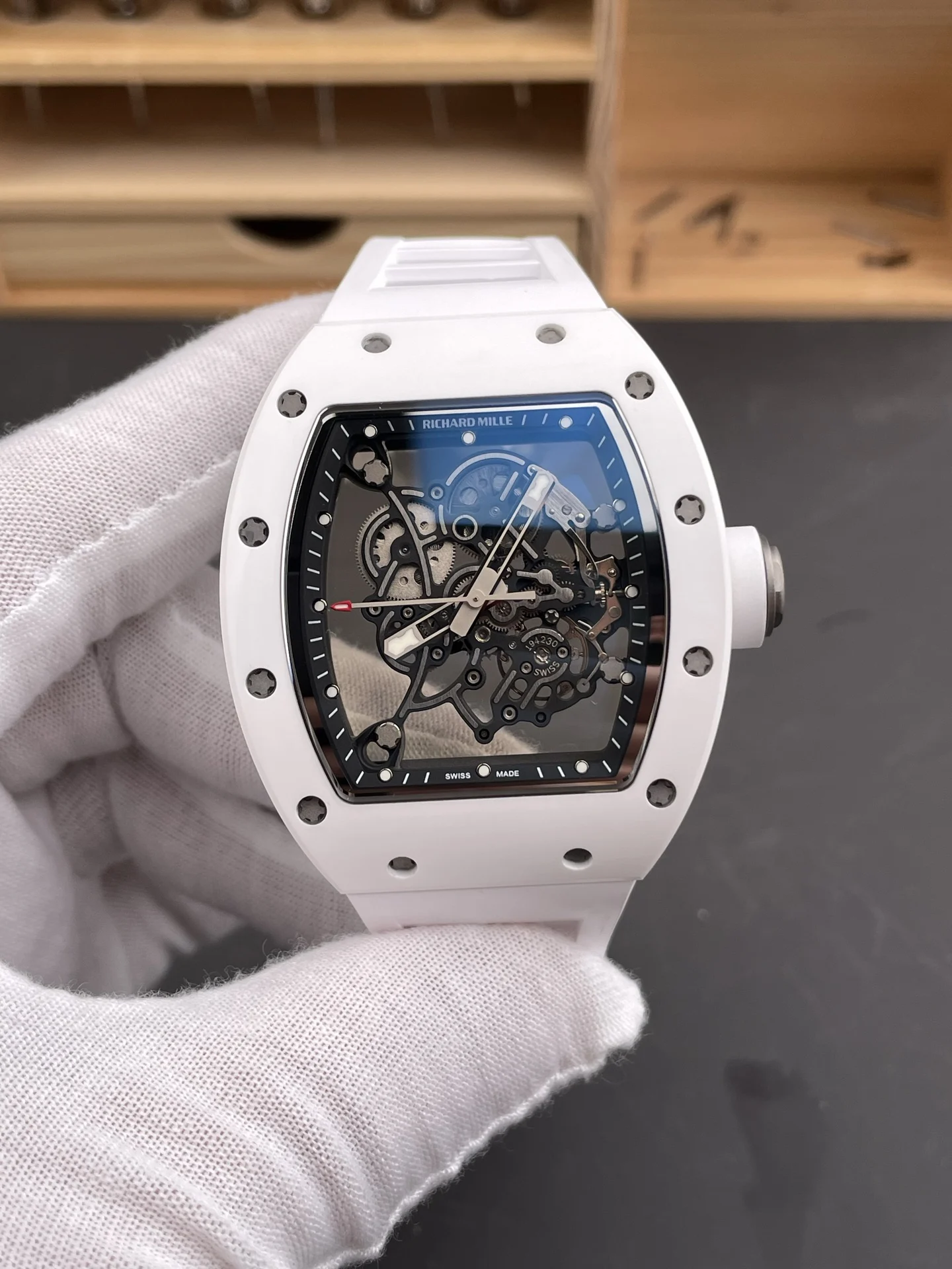 Richard Mille RM Ceramic White Dial RM 055 49.9 × 42.7mm — photographed off the sweep