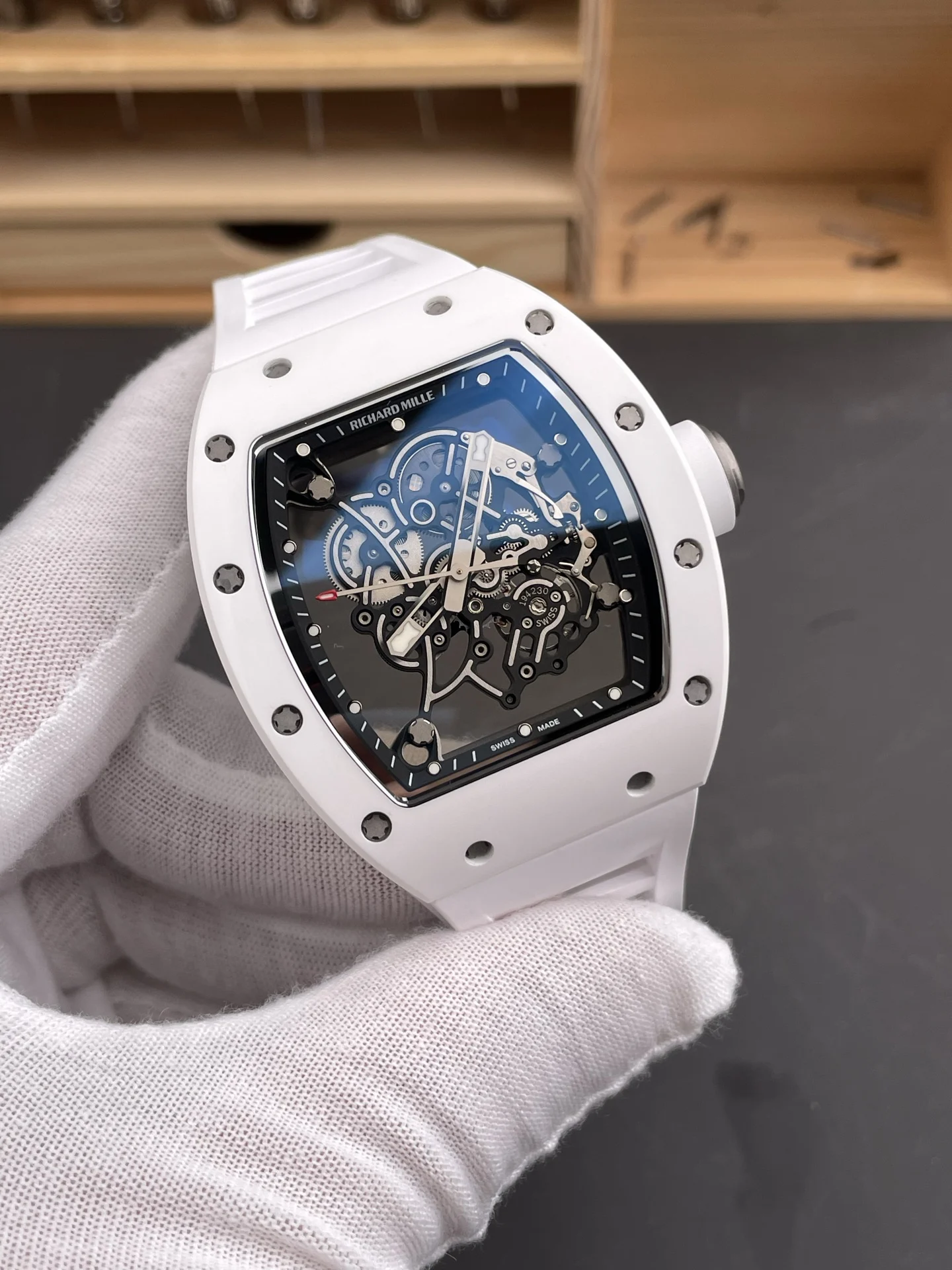 Richard Mille RM Ceramic White Dial RM 055 49.9 × 42.7mm — photographed off the sweep