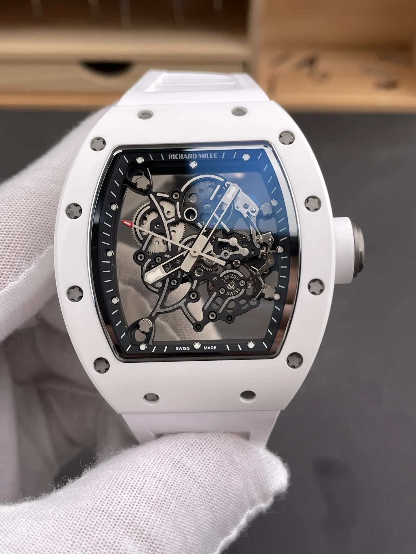 Richard Mille RM Ceramic White Dial RM 055 49.9 × 42.7mm — photographed off the sweep