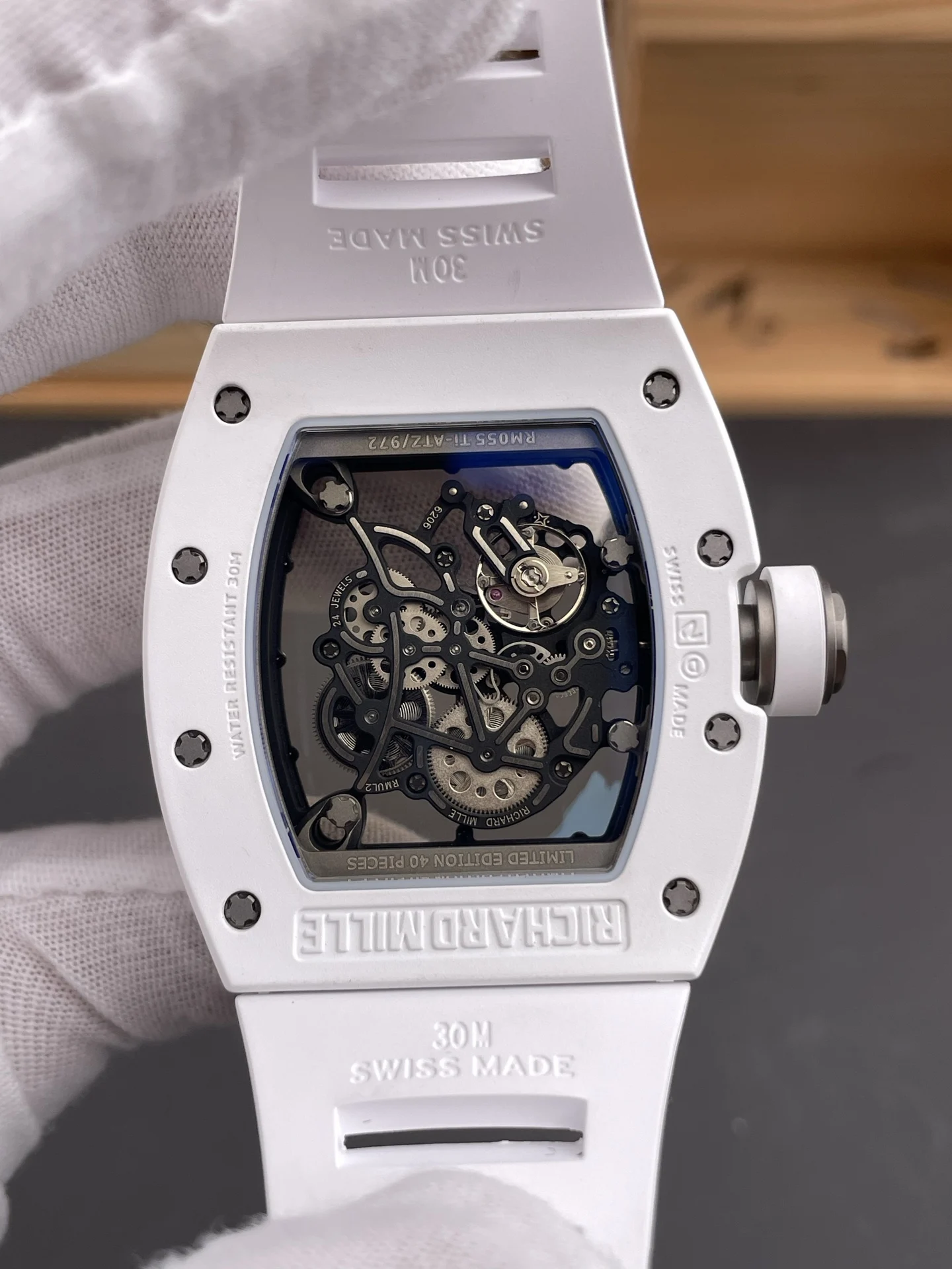 Richard Mille RM Ceramic White Dial RM 055 49.9 × 42.7mm — photographed off the sweep