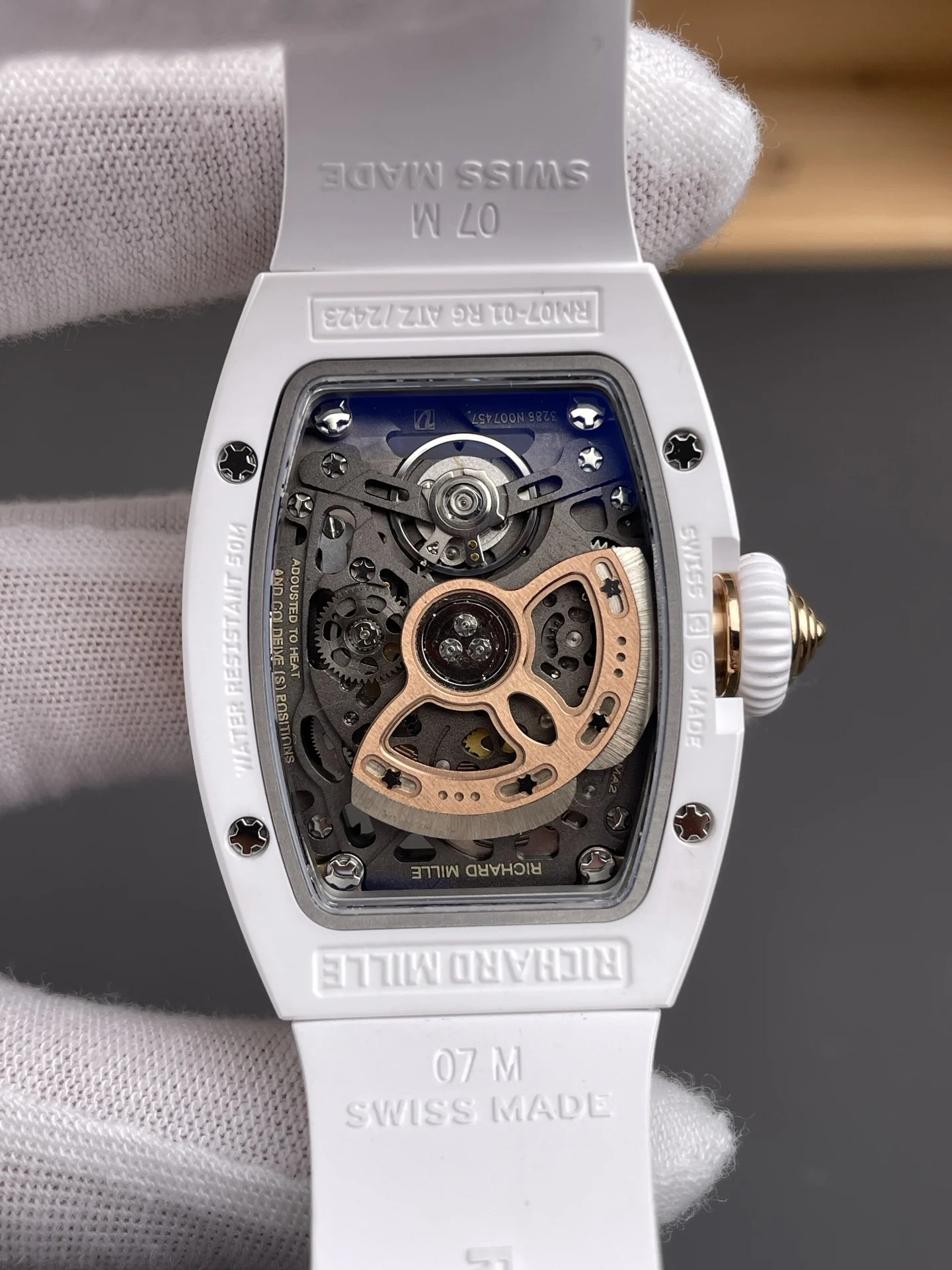 Richard Mille RM Ceramic White Dial RM 07-01 — photographed off the sweep