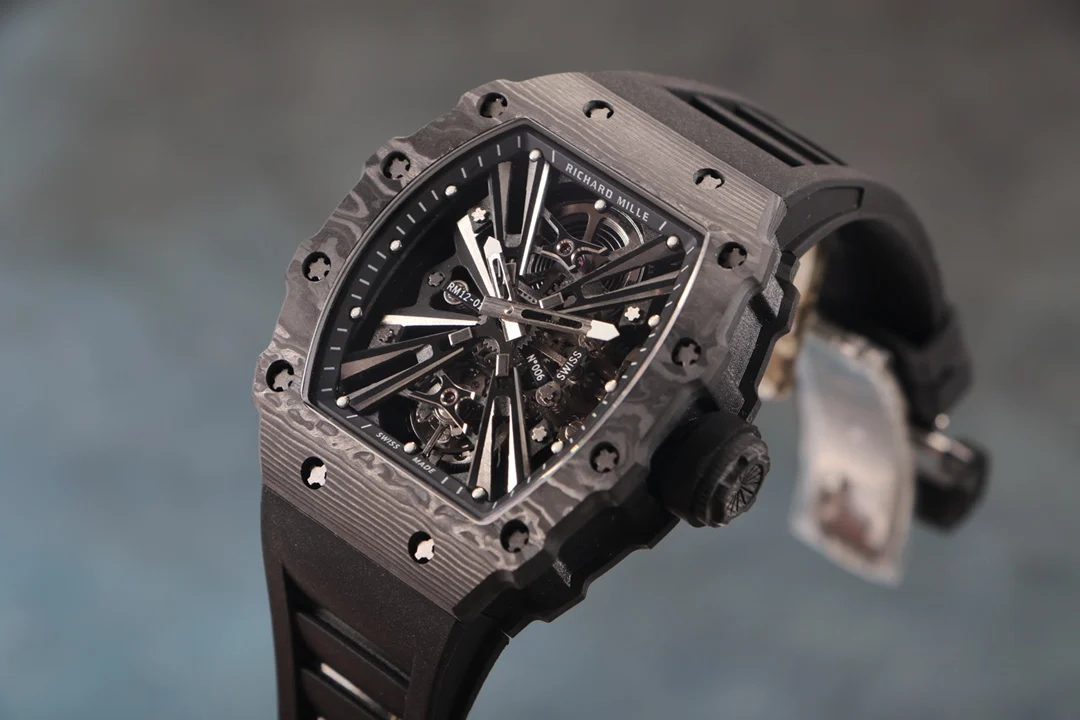 Richard Mille RM Tourbillon Carbon Black Dial RM 12-01 42 × 15mm — photographed off the sweep