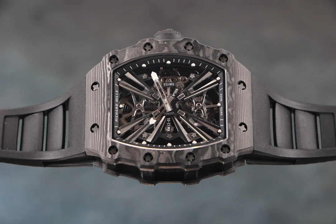 Richard Mille RM Tourbillon Carbon Black Dial RM 12-01 42 × 15mm — photographed off the sweep