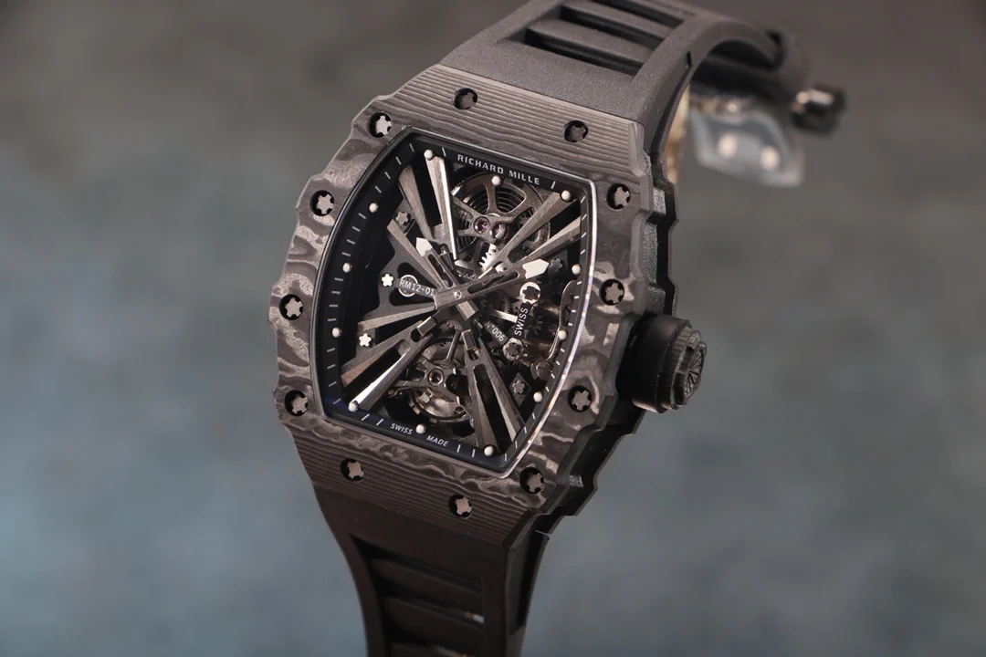 Richard Mille RM Tourbillon Carbon Black Dial RM 12-01 42 × 15mm — photographed off the sweep