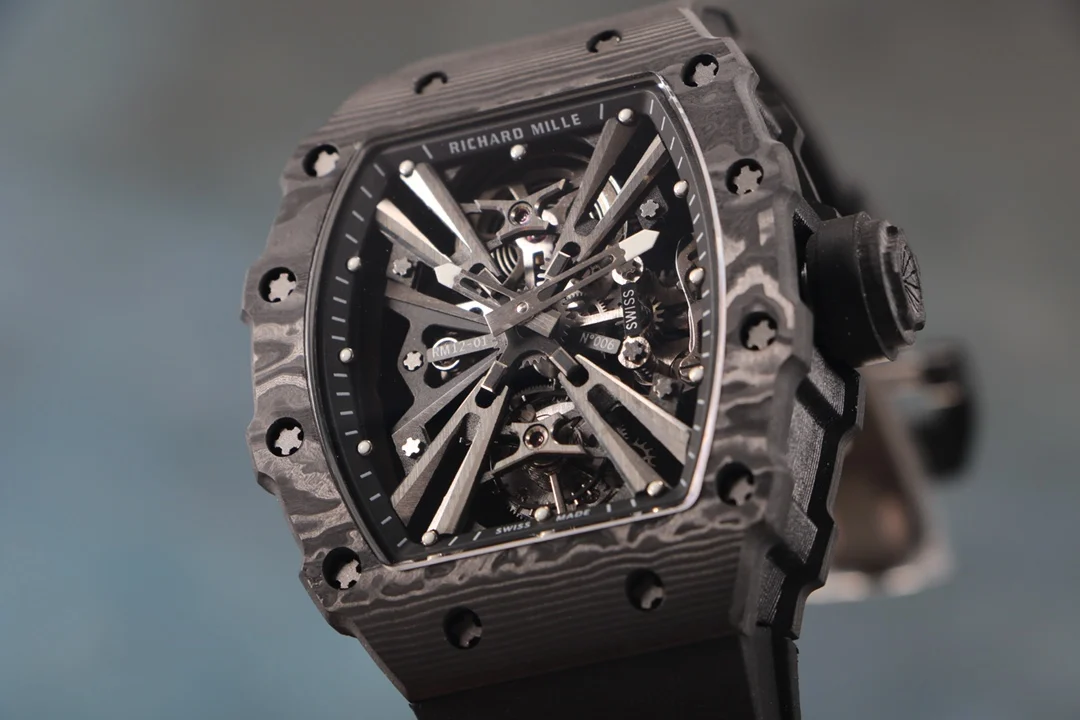 Richard Mille RM Tourbillon Carbon Black Dial RM 12-01 42 × 15mm — photographed off the sweep