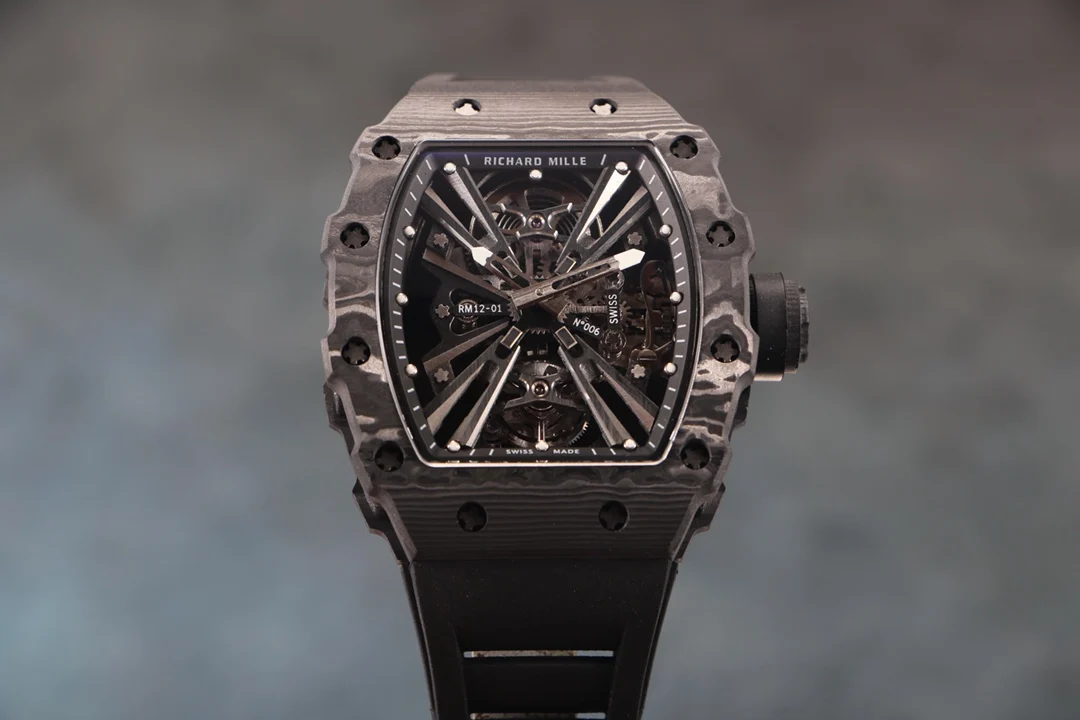 Richard Mille RM Tourbillon Carbon Black Dial RM 12-01 42 × 15mm — photographed off the sweep