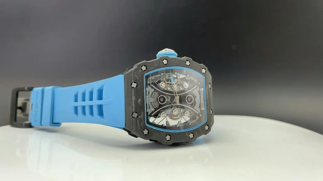 Richard Mille RM Tourbillon Carbon Blue Dial RM 53-01 49 × 16mm — photographed off the sweep