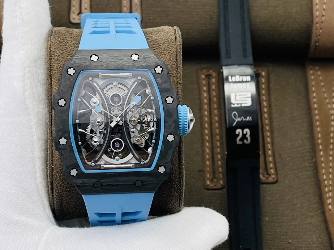 Richard Mille RM Tourbillon Carbon Blue Dial RM 53-01 49 × 16mm — photographed off the sweep