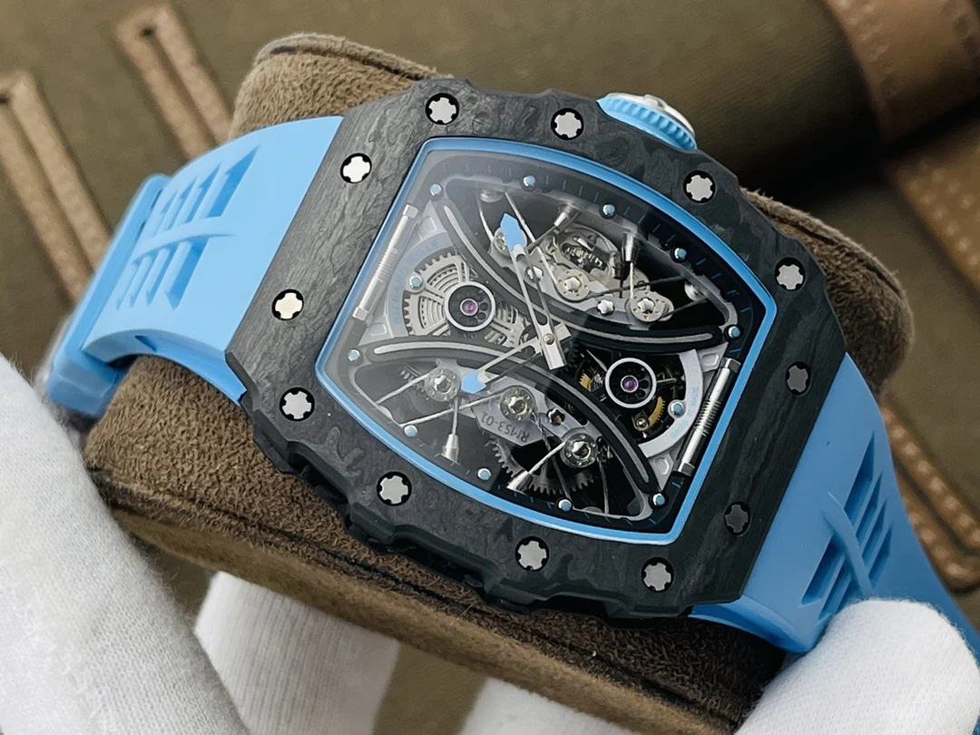 Richard Mille RM Tourbillon Carbon Blue Dial RM 53-01 49 × 16mm — photographed off the sweep