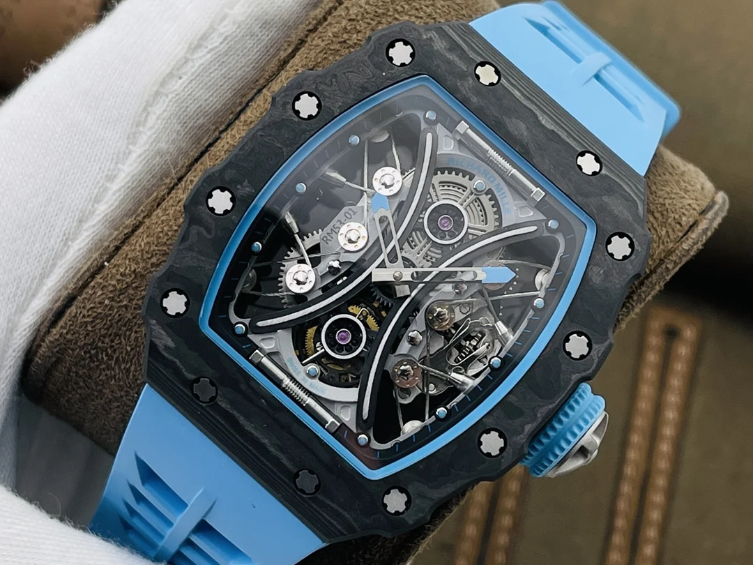 Richard Mille RM Tourbillon Carbon Blue Dial RM 53-01 49 × 16mm — photographed off the sweep