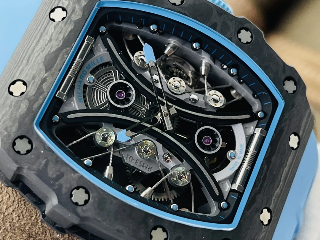 Richard Mille RM Tourbillon Carbon Blue Dial RM 53-01 49 × 16mm — photographed off the sweep