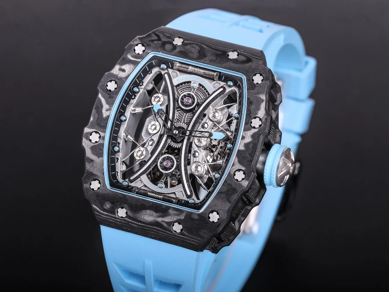 Richard Mille RM Tourbillon Carbon Blue Dial RM 53-01 49 × 16mm — photographed off the sweep