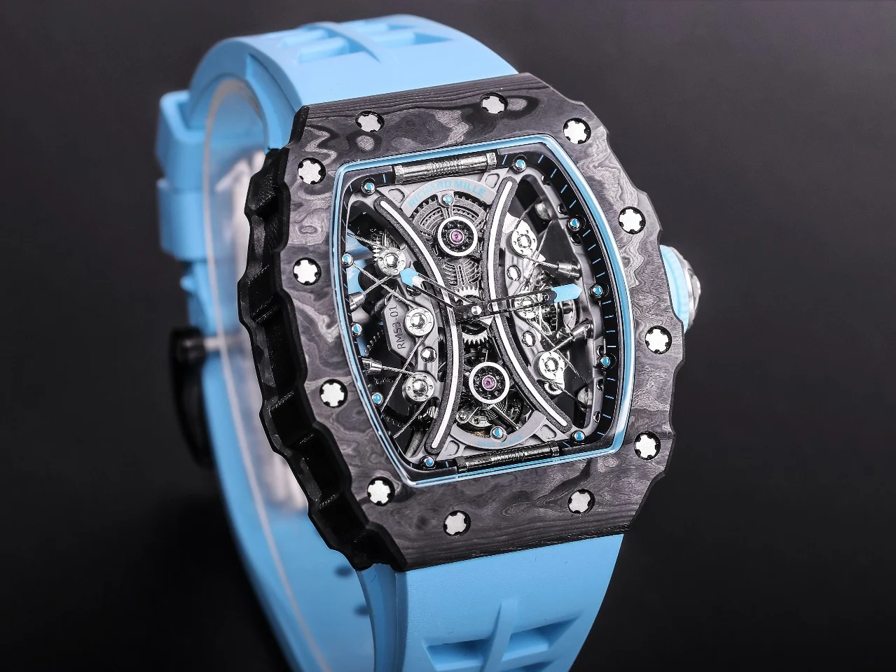Richard Mille RM Tourbillon Carbon Blue Dial RM 53-01 49 × 16mm — photographed off the sweep