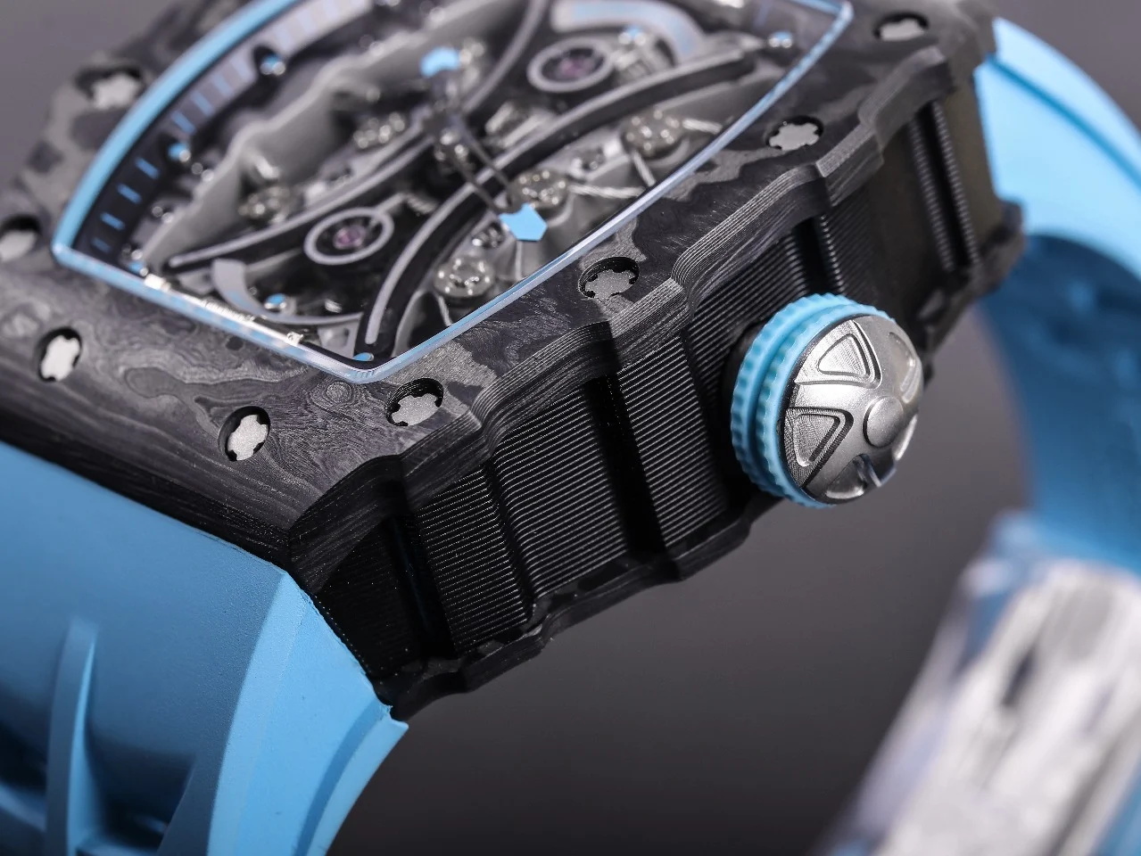 Richard Mille RM Tourbillon Carbon Blue Dial RM 53-01 49 × 16mm — photographed off the sweep
