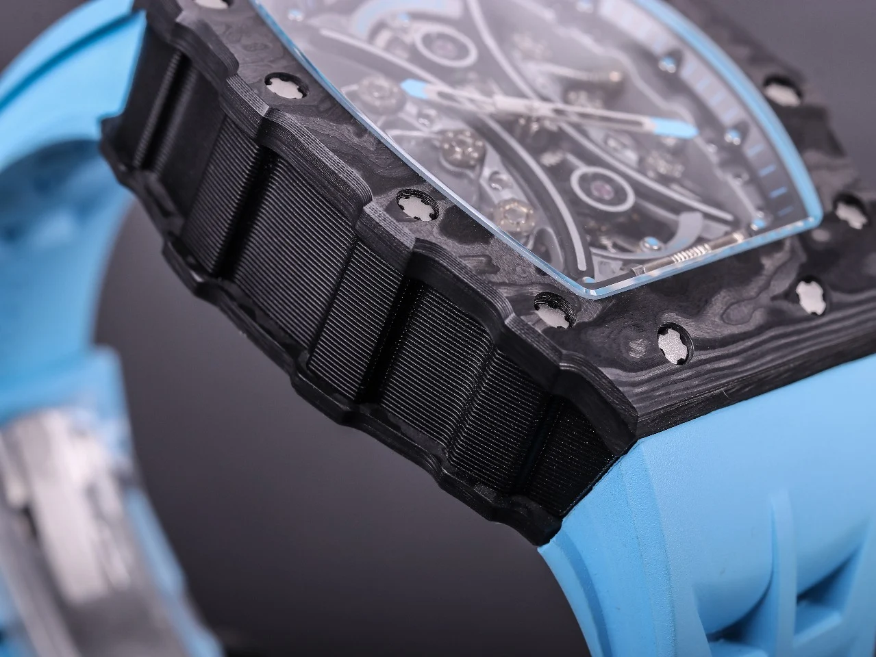 Richard Mille RM Tourbillon Carbon Blue Dial RM 53-01 49 × 16mm — photographed off the sweep