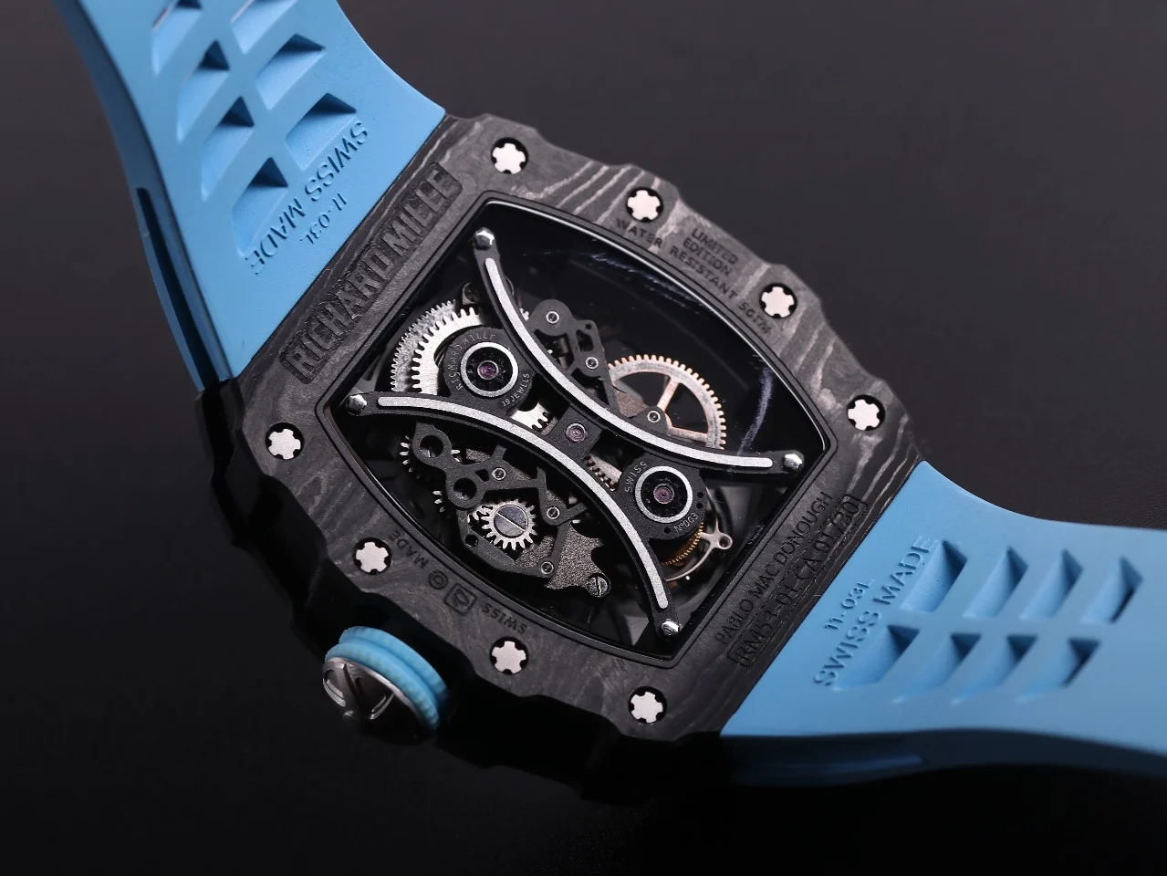 Richard Mille RM Tourbillon Carbon Blue Dial RM 53-01 49 × 16mm — photographed off the sweep
